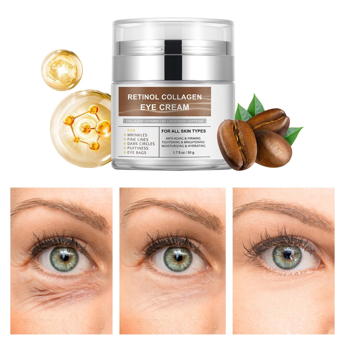 Retinol Eye Cream for Dark Circles and Puffiness Bags, Caffeine Eye Creams with Collagen,Vitamin C & E,Avocado,Under Eyes Repair Creams, Anti Aging Wrinkle Eye Cream for Women Men Christmas Gifts