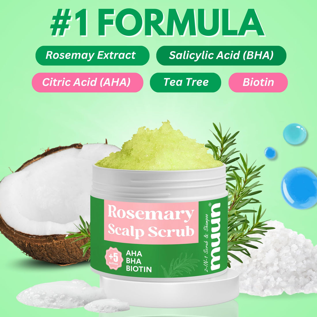 2-IN-1 Scalp Scrub & Shampoo - Rosemary Sea Salt , AHA & BHA Scalp Exfoliator - Hair Scrub Pre Shampoo Anti-Dandruff, Itchy Flaky Relief - Sulfate & Silicon Free, Dry Scalp Treatment & Detox