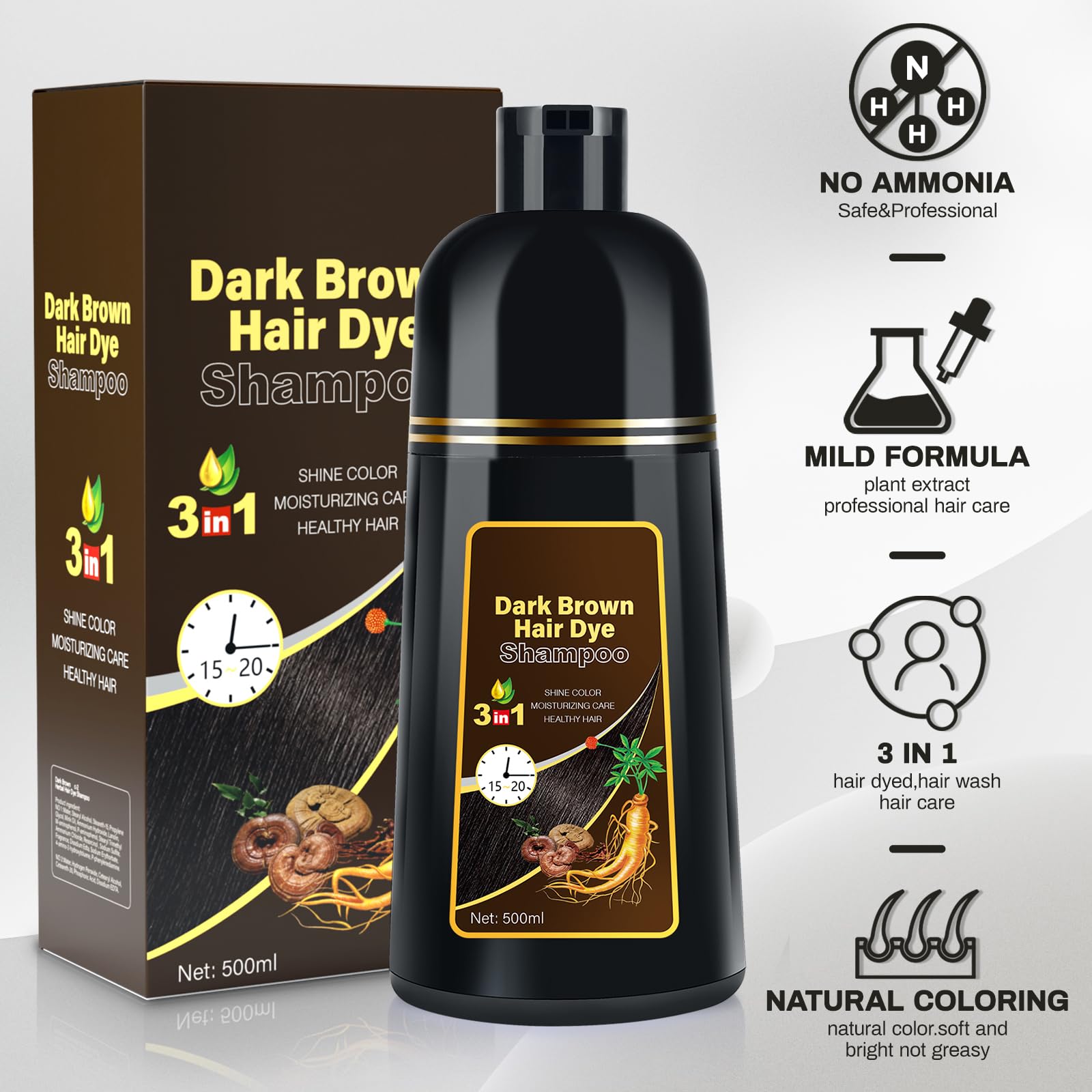 Cosmpro Dark Brown Natural Hair Dye Shampoo 3 in 1, 16.9 Fl Oz/500 ML, Semi-Permanent Gray Hair Coverage, Unisex, Natural Ingredients,