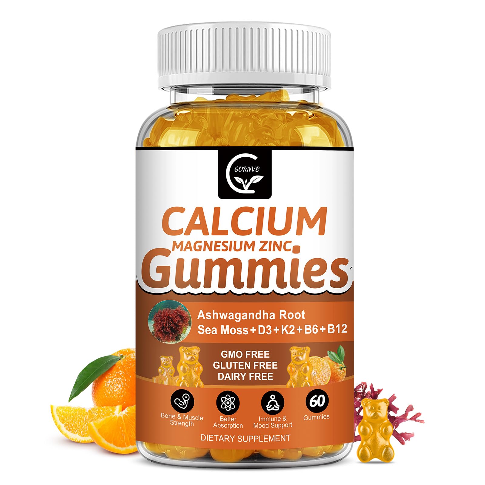 1200mg Calcium Gummies with Vitamin D3,K2,B12 & B6 - Plant Complex Calcium Magnesium Supplement with Glycinate,Potassium,Sea Moss,Ashwagandha Root for Bone & Teeth Strength, Muscle & Immune