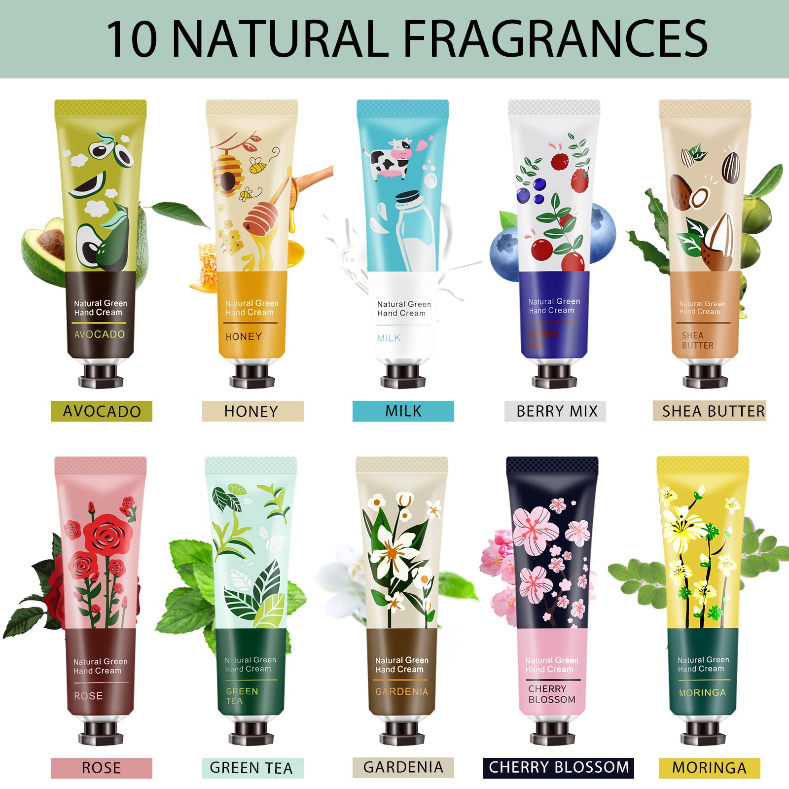 Ownest 10 Pack Plant Fragrance Hand Cream Moisturizing Hand Care Cream Travel Gift Set With Natural Aloe And Vitamin E For Men And Women-30ml