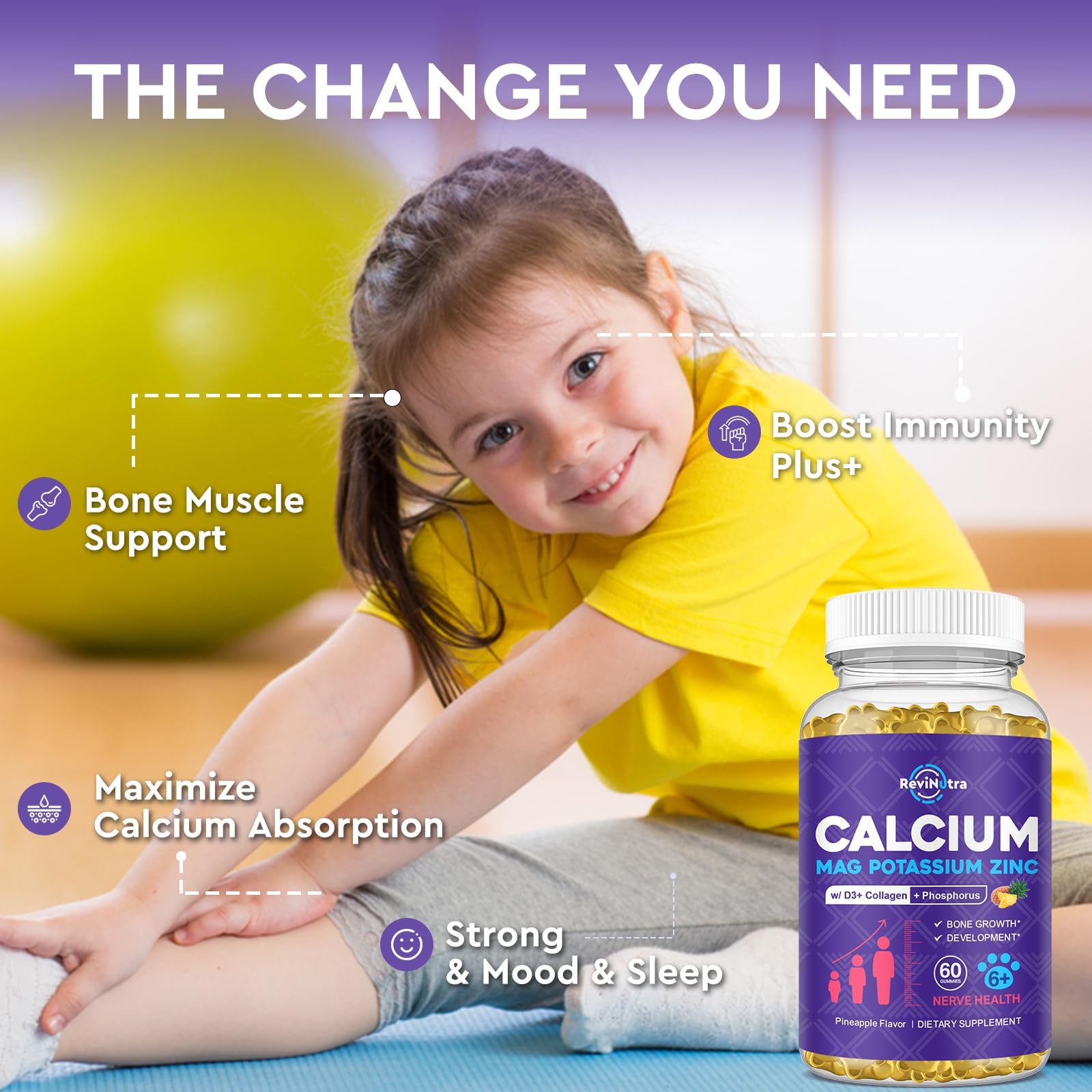 Calcium Potassium Magnesium Gummies for Kids & Adults, with Hydrolyzed Collagen, Zinc, Phosphorus, Multivitamin for Sleep, Bone Strength, Density Support, Sugar Free, Pineapple Flavor, 60 Gummies