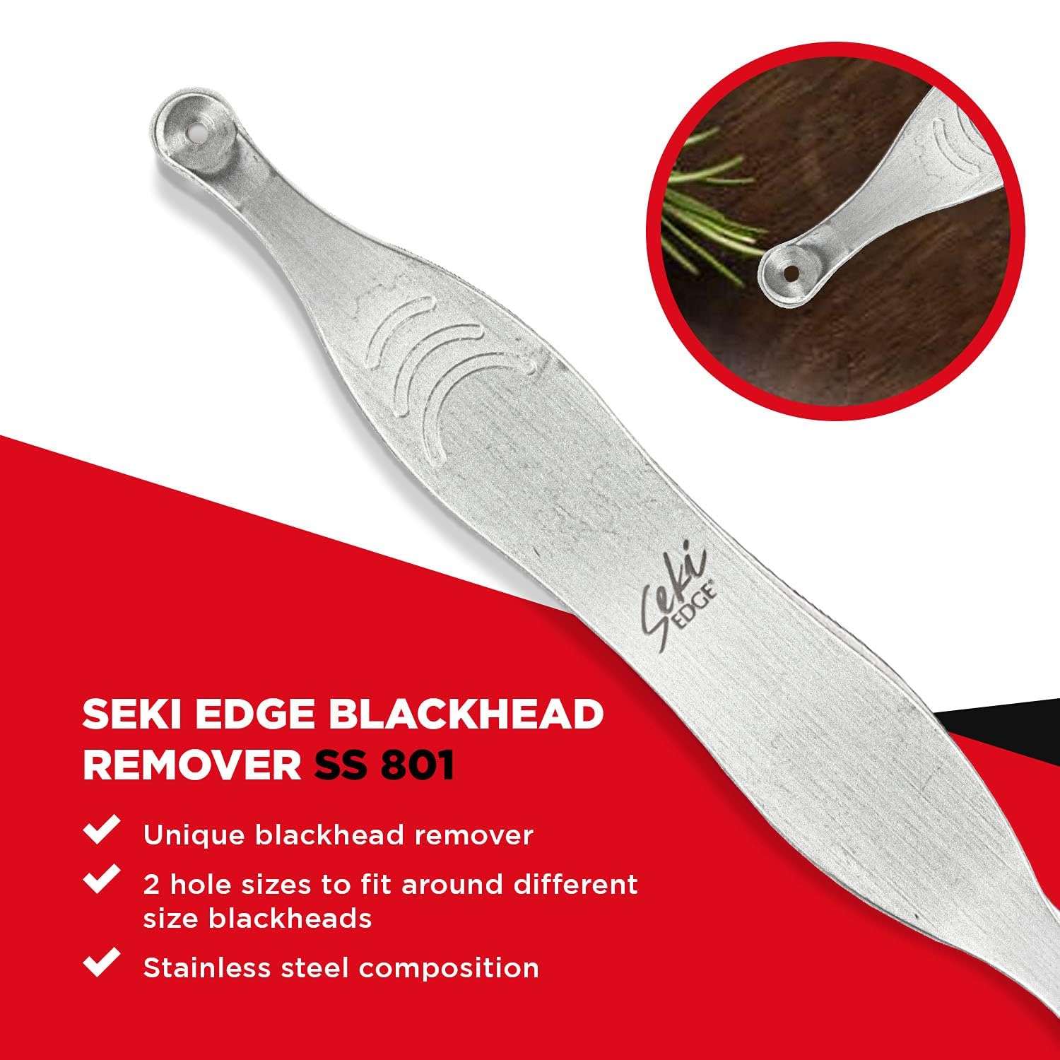 Seki Edge Blackhead Remover (SS-801) - Comedone Extractor for Blackheads & Whiteheads - Professional Pimple Popper Tool with 2 Hole Sizes