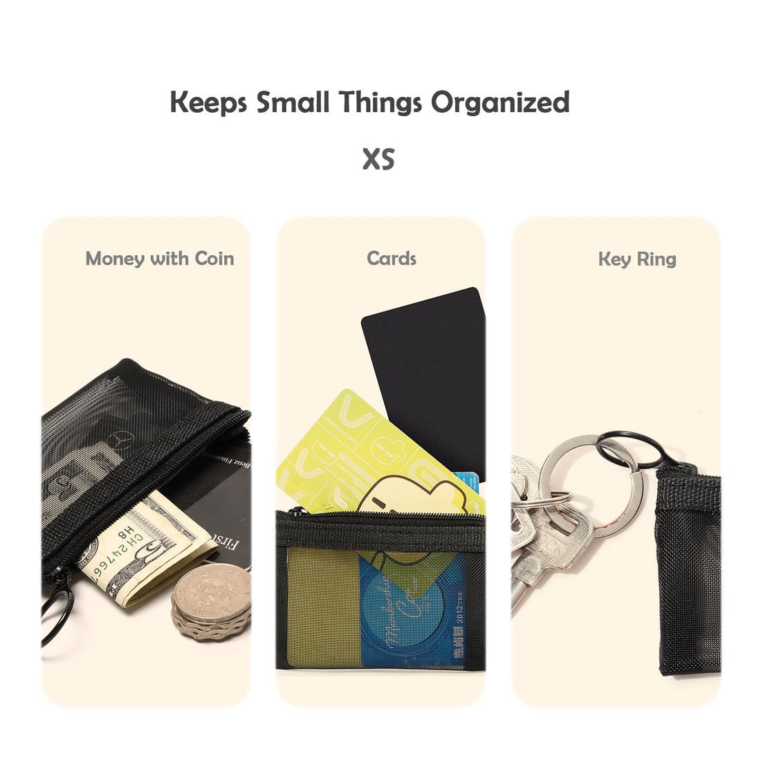 Patu Mini Zipper Mesh Bags, 3 x 4, Size XS / A8, 5 Pieces, Keychain Pouch Key Holder, Coin Purse, Clear Travel Kit Small Item Cosmetic Organizer, Black