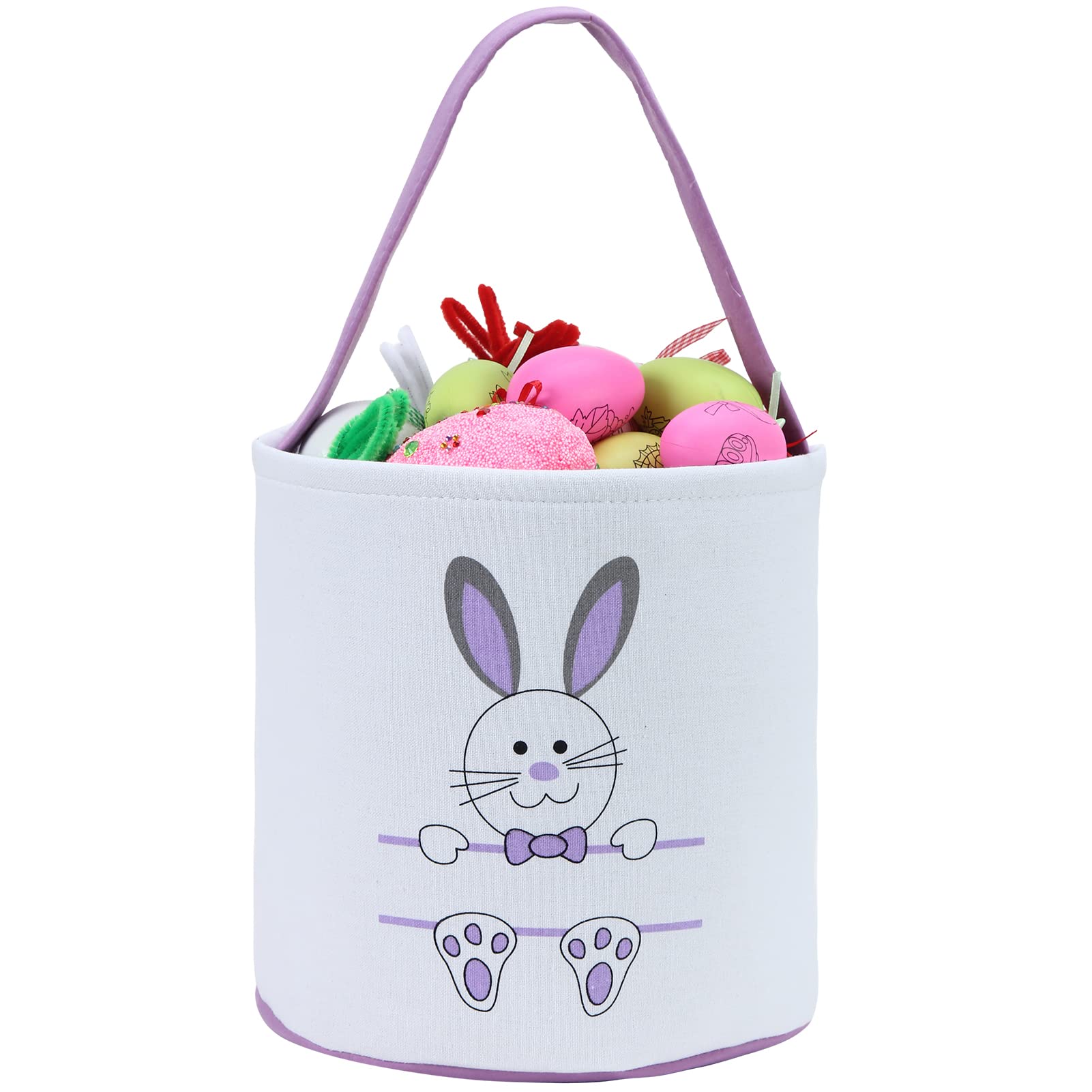 Easter Bunny Basket Egg Bags for Kids,Canvas Cotton Personalized Candy Egg Basket Rabbit Print Buckets with Fluffy Tail Gifts Bags for Easter……