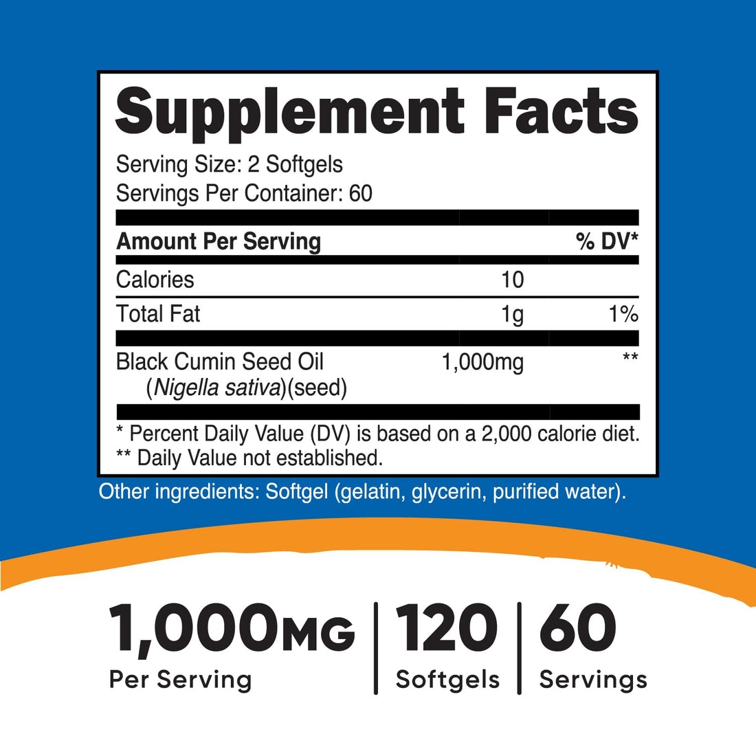 Nutricost Black Seed Oil (Cumin) - Cold Pressed, Source of Omega 3 6 9-120 Softgels, 1000mg Per Serving, 60 Servings - Non-GMO and Gluten Free