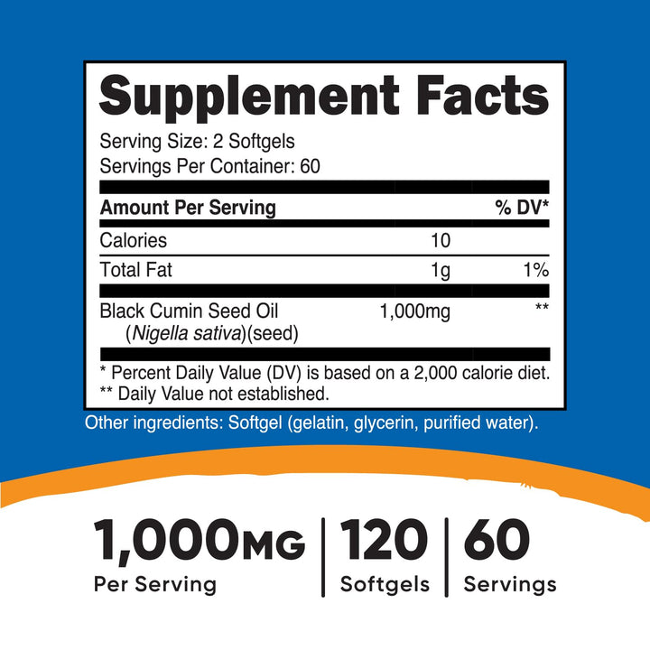 Nutricost Black Seed Oil (Cumin) - Cold Pressed, Source of Omega 3 6 9-120 Softgels, 1000mg Per Serving, 60 Servings - Non-GMO and Gluten Free