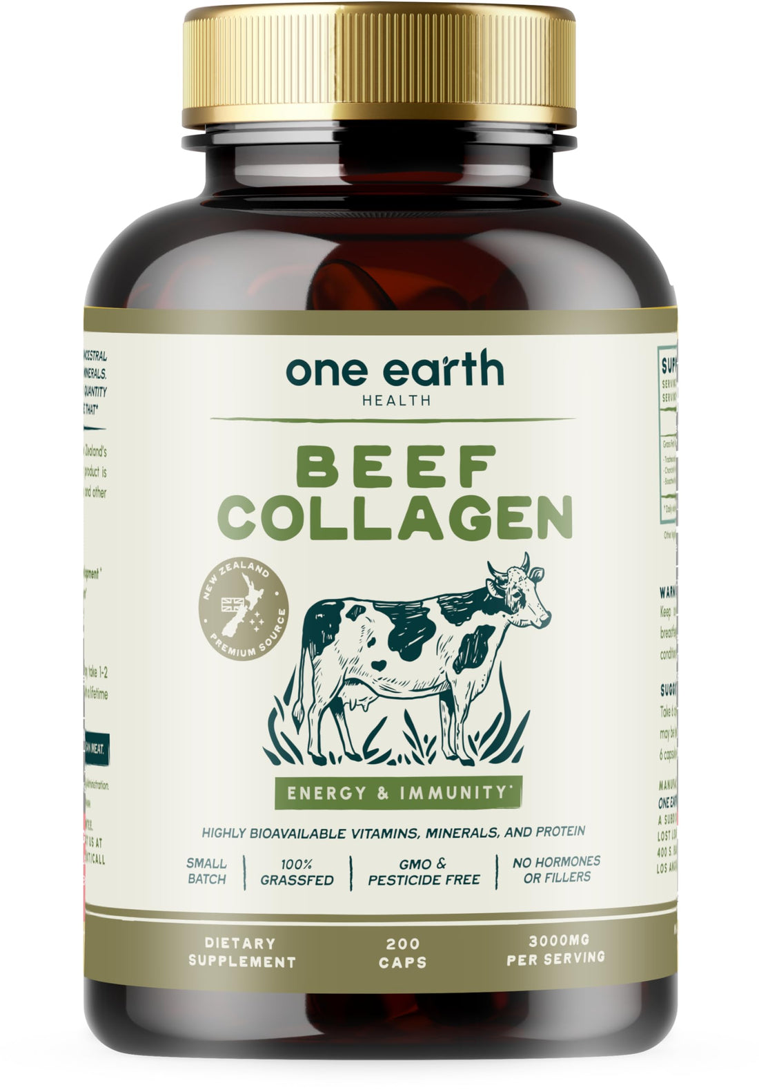One Earth Health Grass Fed Beef Collagen - New Zealand Sourced Natural Collagen Supplement. (Types I, II, III, V and X) 3,000mg per Serving, 200 Count