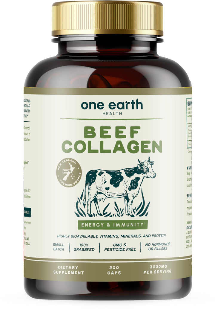 One Earth Health Grass Fed Beef Collagen - New Zealand Sourced Natural Collagen Supplement. (Types I, II, III, V and X) 3,000mg per Serving, 200 Count
