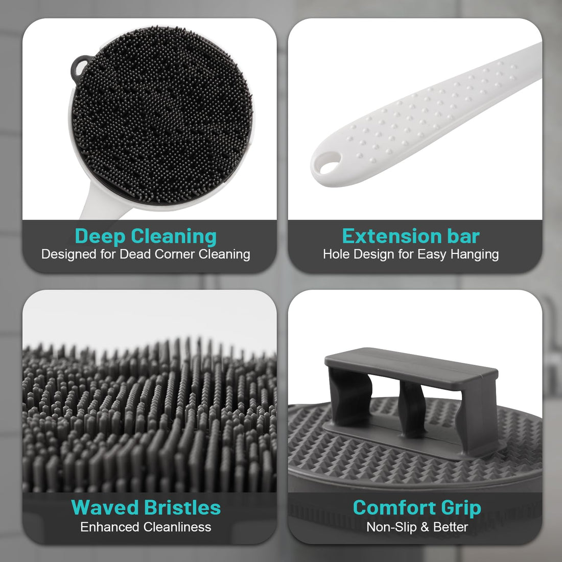 MIHJVLIFE - Silicone Back Scrubber for Shower - 16'' Detachable Long Handle Exfoliating Brush, 2025 Upgrade Loop Fin Bristles Body Brush, Deep Cleansing for All Skin, Back Washer for Men and Women