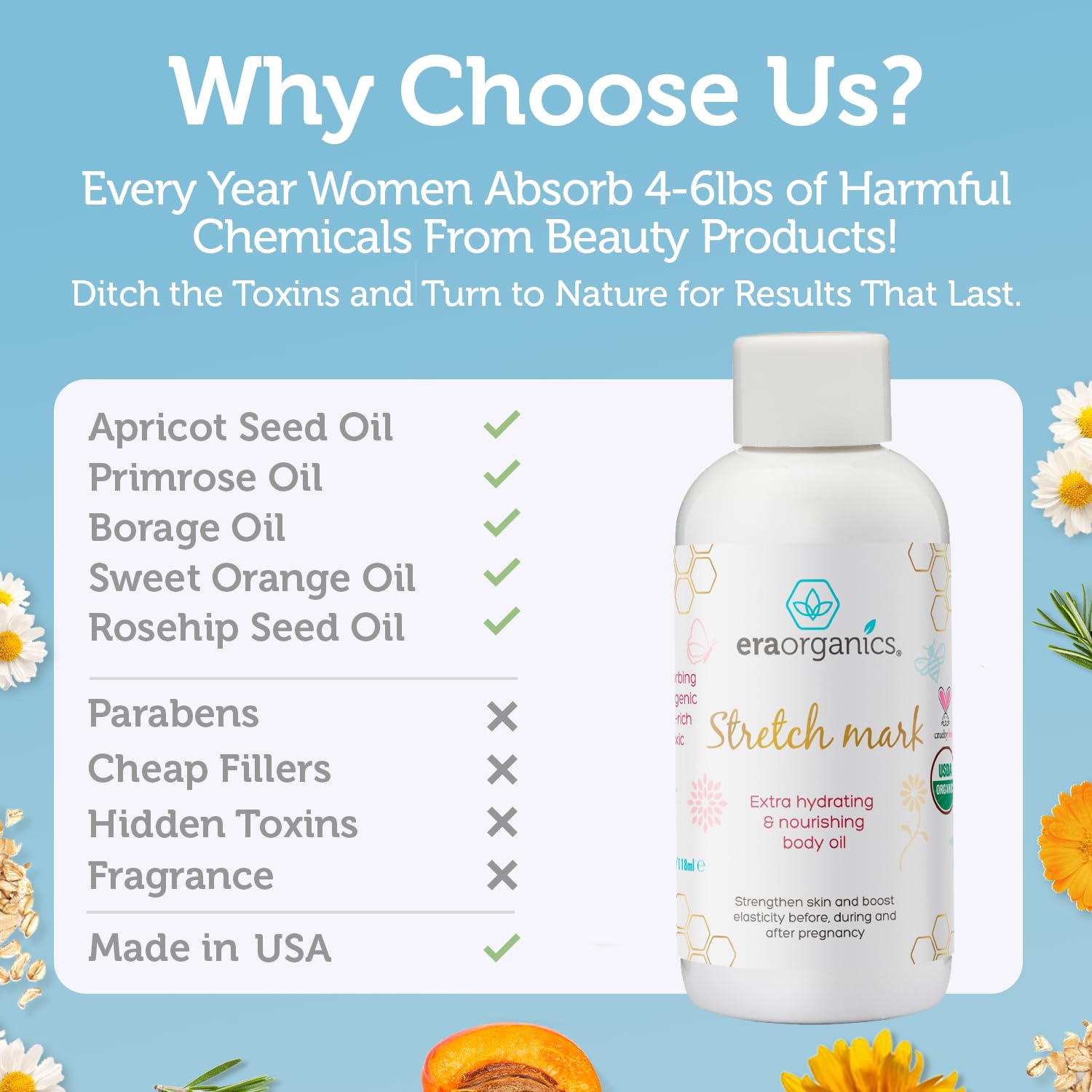 Era Organics Organic Stretch Mark Oil for Pregnancy - Extra Moisturizing Belly Oil for Pregnancy - Pregnancy Oil to Prevent Stretch Marks - Pregnancy Must Haves