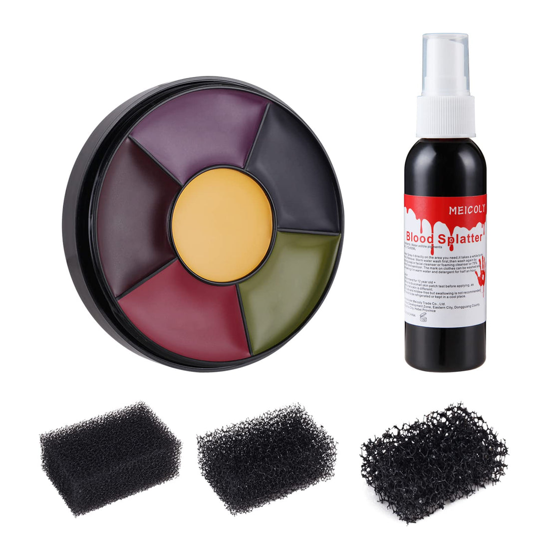 MEICOLY 6 Color Bruise Wheel for Special Effects, 2.1oz Fake Blood Spray Blood Splatter Theatrical Halloween Liquid Blood for Clothes Face Body Paint with 3pcs Stipple Sponges
