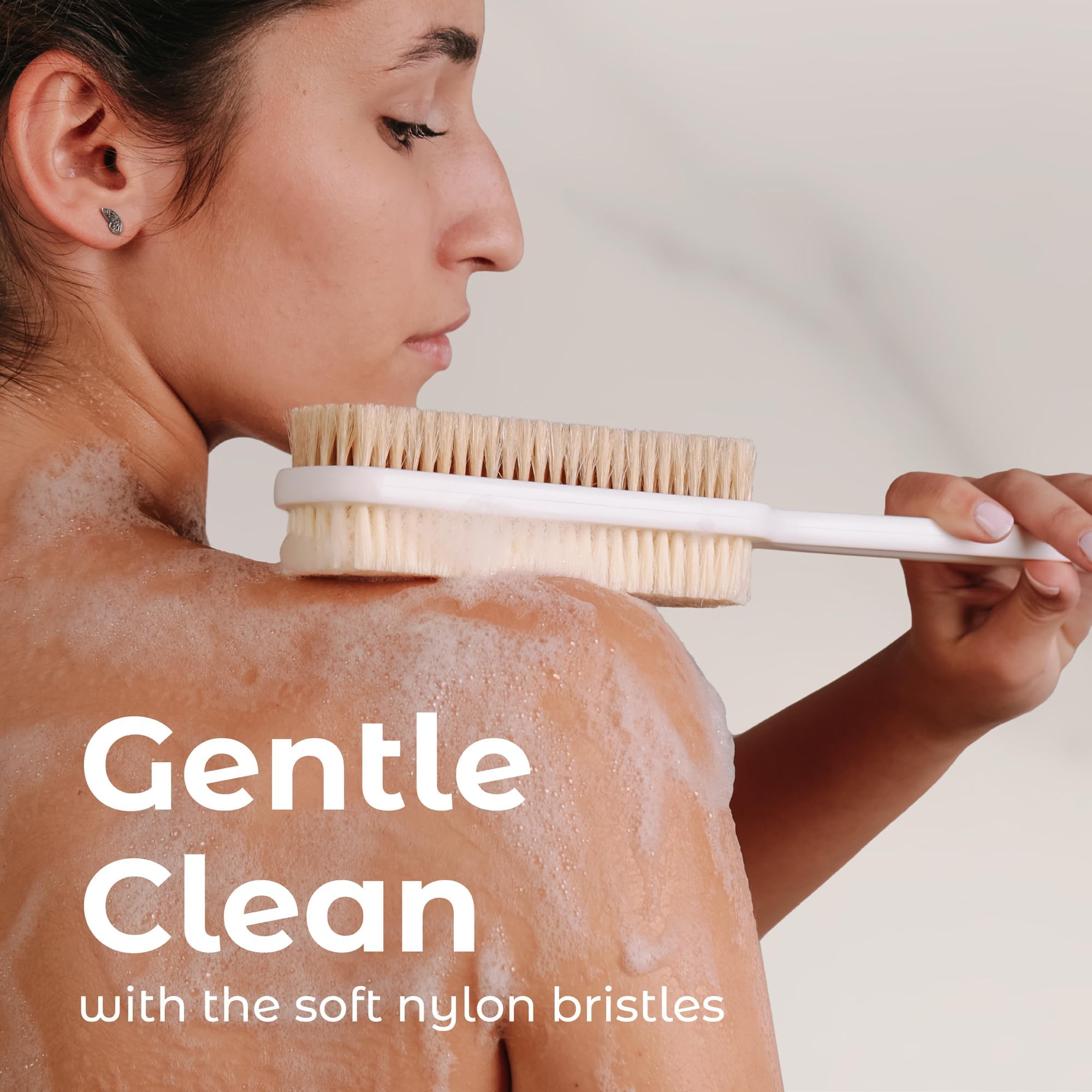 MainBasics Shower Brush Back Scrubber Dual-Sided Body Brush Long Handle with Soft and Stiff Bristles for Dry & Wet Brushing (White)