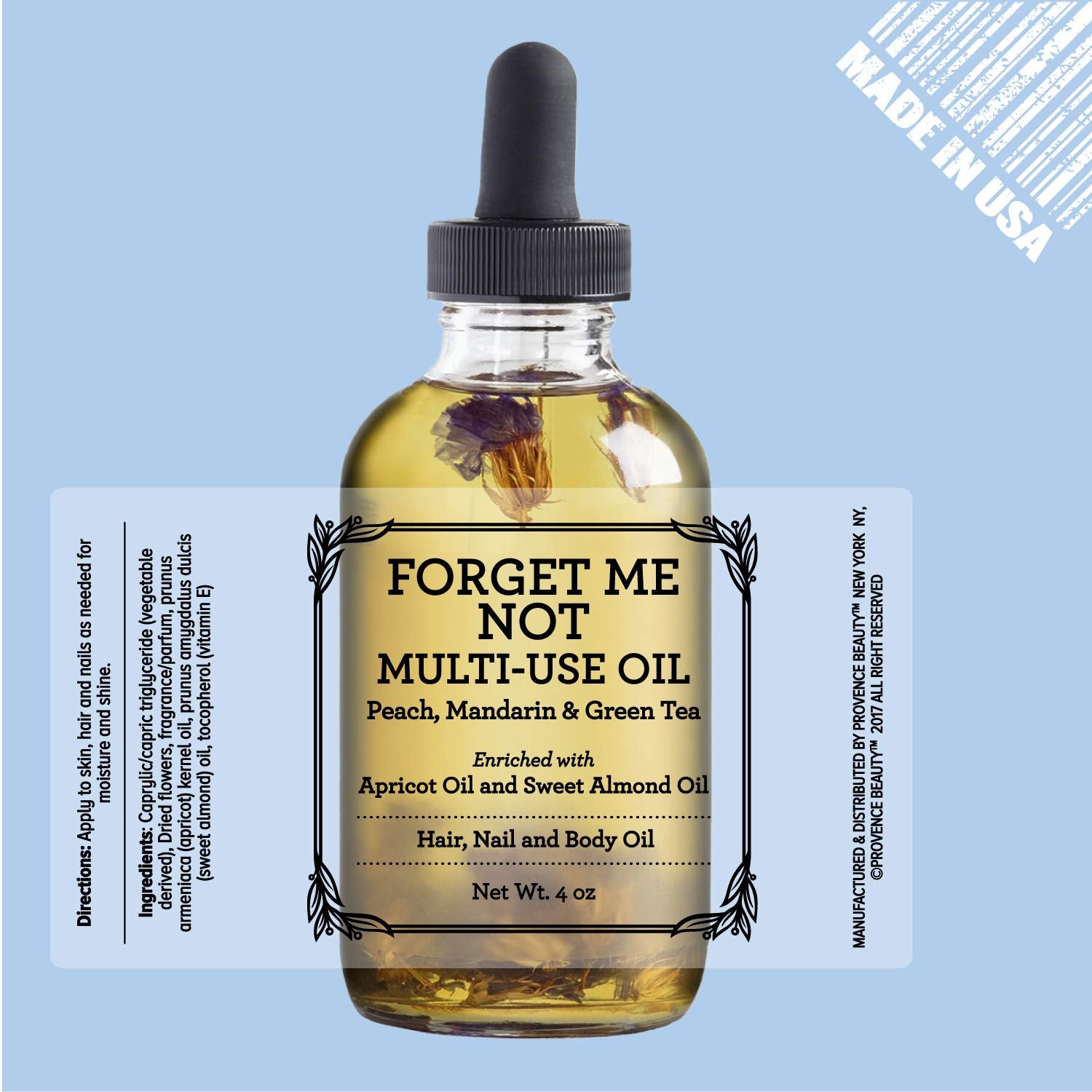 BEAUTE DE PROVENCE Multi-Use Oil for Face, Body and Hair - Forget Me Not - Organic Blend of Apricot, Vitamin E and Sweet Almond Oil Moisturizer for Dry Skin, Scalp and Nails - Peach, Mandarin and Gree