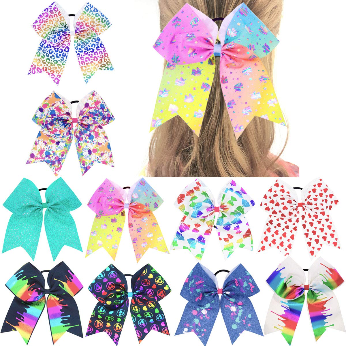 DeD 10 Pcs Elastic Bow 8 Large Hair bows Boutique Rainbow Golden-plating Grosgrain Ribbon Pigtail Holder For School Girls Teens Cheerleader