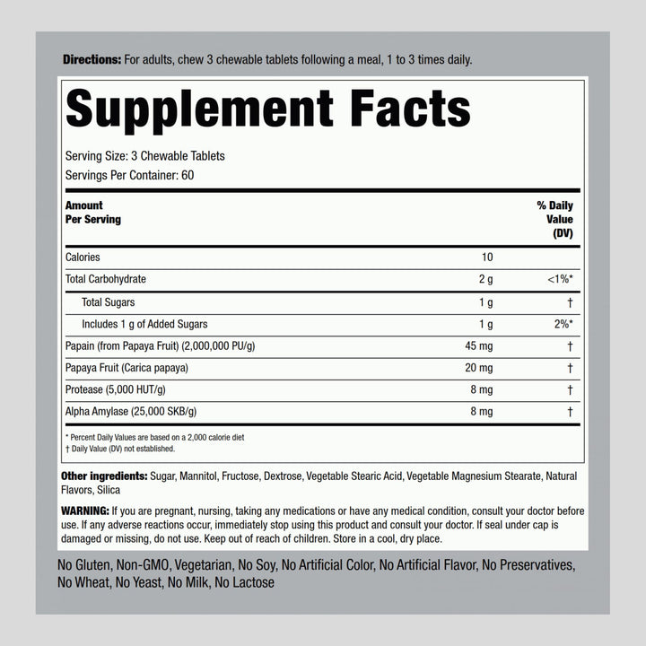 Piping Rock Papaya Enzymes Chewable | 180 Tablets | Vegetarian Digestion Formula | Non-GMO, Gluten Free Supplement | Tropical Flavored