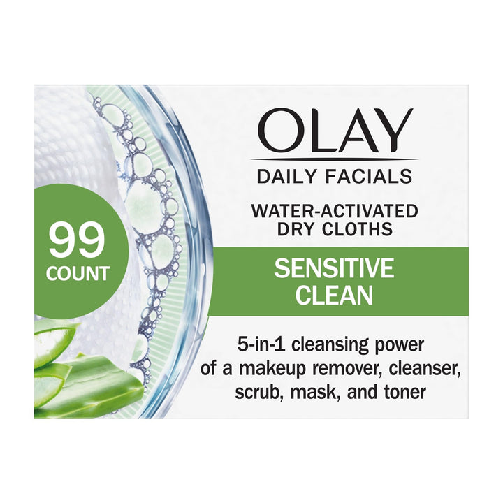 Olay Daily Facials for Clean Sensitive Skin, Makeup Remover Wipes, Soap-Free and Fragrance-Free Cleanser Cloths, 33 Count (Pack of 3)