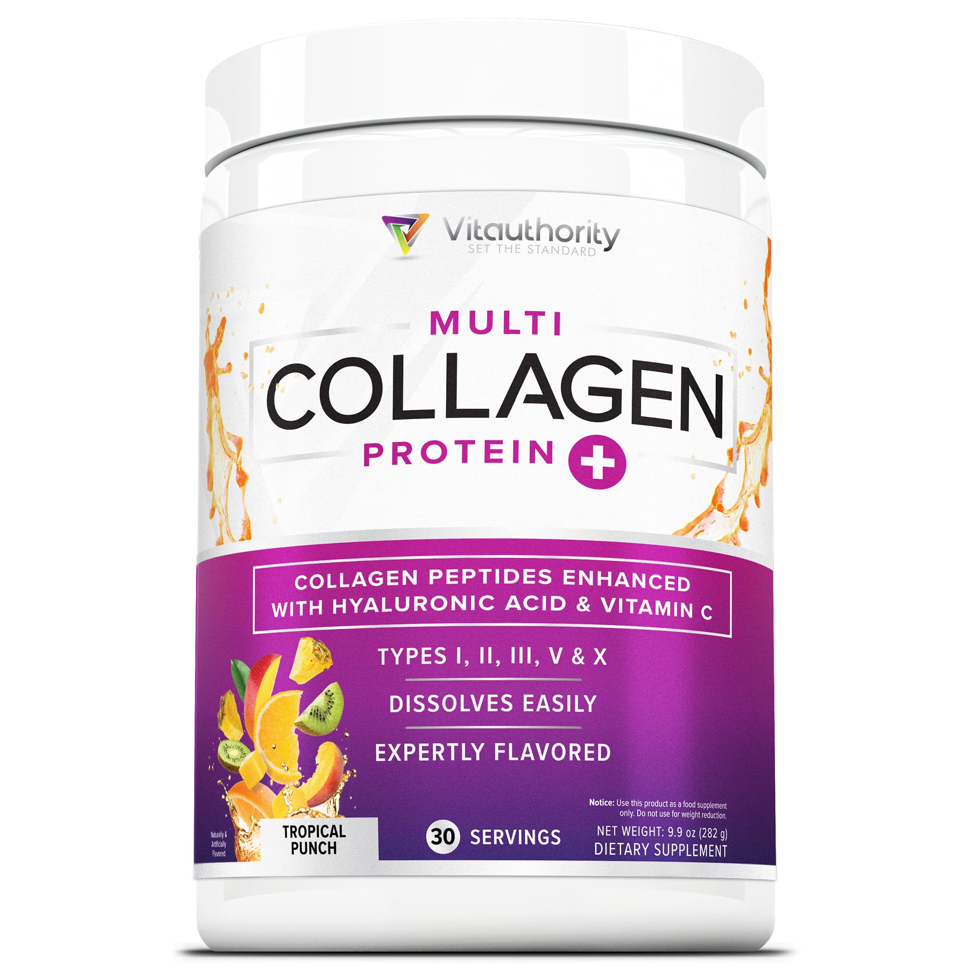 Multi Collagen Peptides Plus Hyaluronic Acid and Vitamin C Hydrolyzed Collagen Proteins Types I II III V and X Tropical Punch Flavor