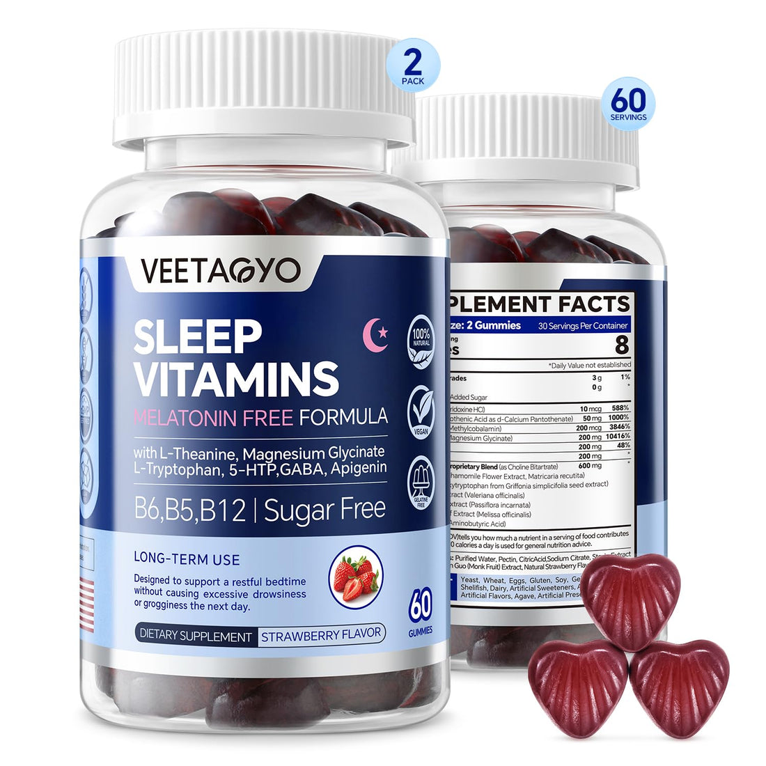 VEETAGYO Melatonin Free 5-HTP GABA Supplement Gummies for Adults & Kids 12+ with L-Theanine, Magnesium Glycinate, L-Tryptophan, Apigenin - Sugar Free, Strawberry Flavor, Vegan, 120 Count