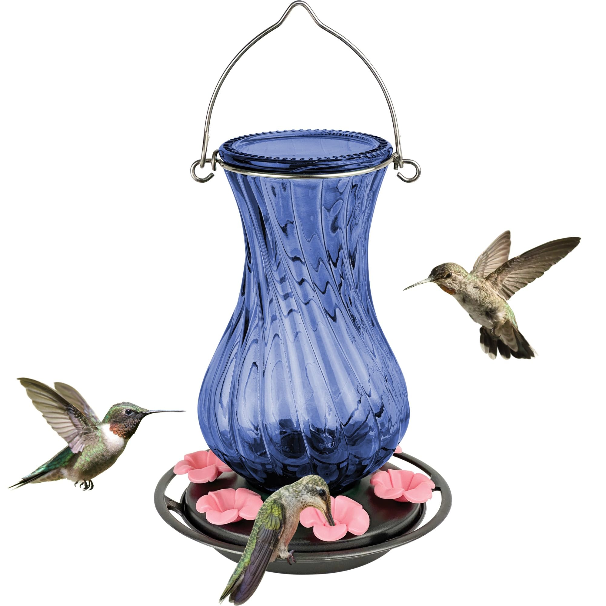 Nature's Way Hanging Glass Hummingbird Feeder for Outdoor Decor, 32 Ounce Capacity Nectar Feeder, 6 Easy to Clean Flexible Pink Ports, Blue