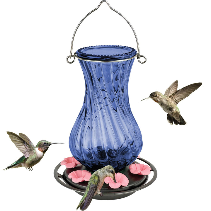 Nature's Way Hanging Glass Hummingbird Feeder for Outdoor Decor, 32 Ounce Capacity Nectar Feeder, 6 Easy to Clean Flexible Pink Ports, Blue