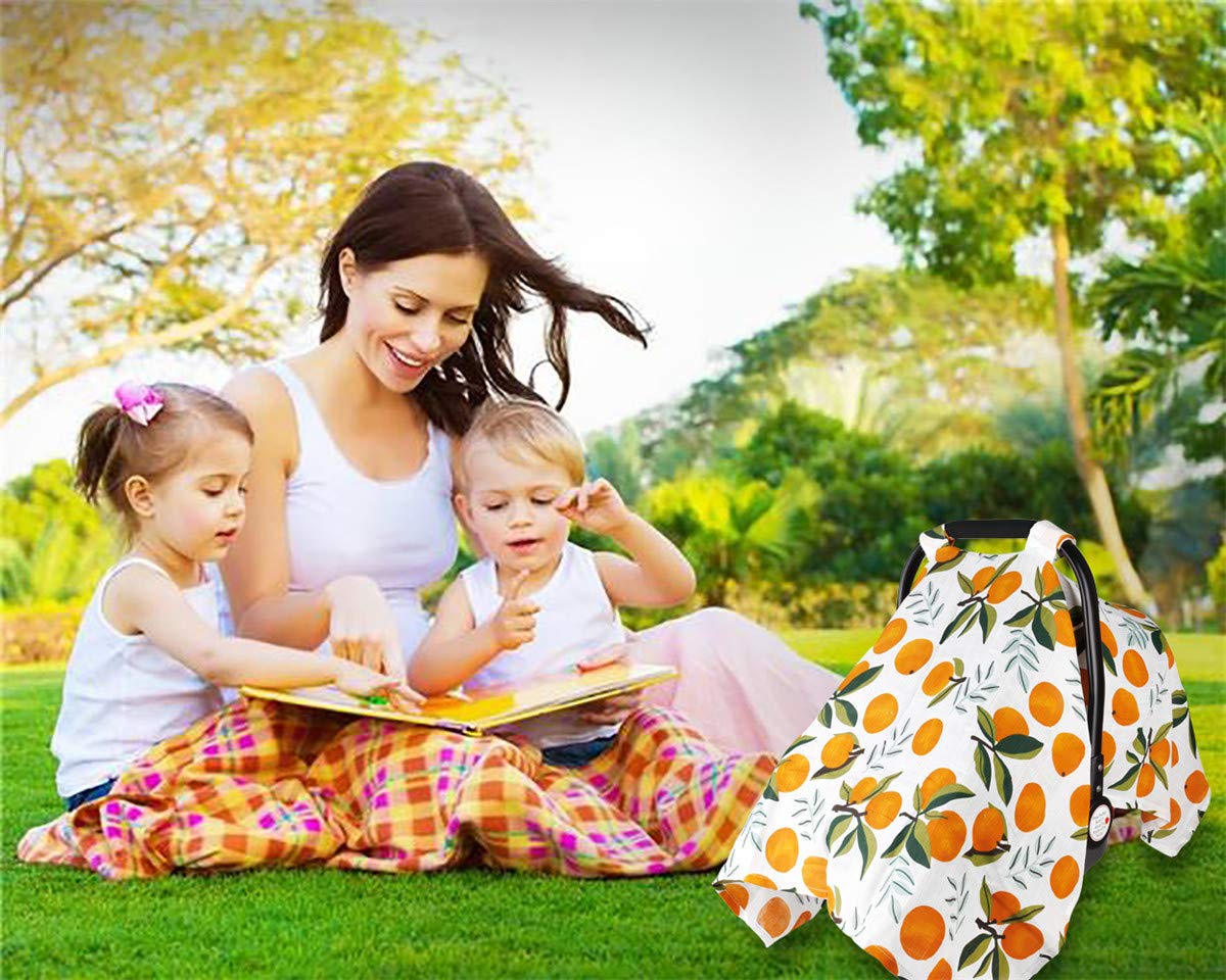 Baby Car Seat Cover Infant Carseat Canopy, Metplus Cotton Muslin Carrier Covers, Summer Stroller Canopie - Extra Wide Universal Fit, Lightweight Breathable Soft for Newborn Boy Girl (Oranges)