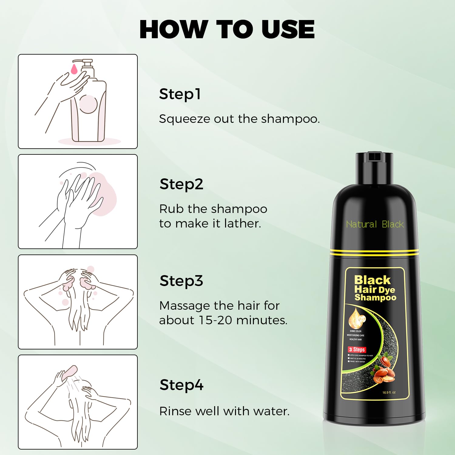 KAISASA Black Hair Dye Shampoo 3 in 1,Argan Natural Herbal Hair Color Shampoo Covers Gray Hair for Women and Men (16.9 fl.oz Black)