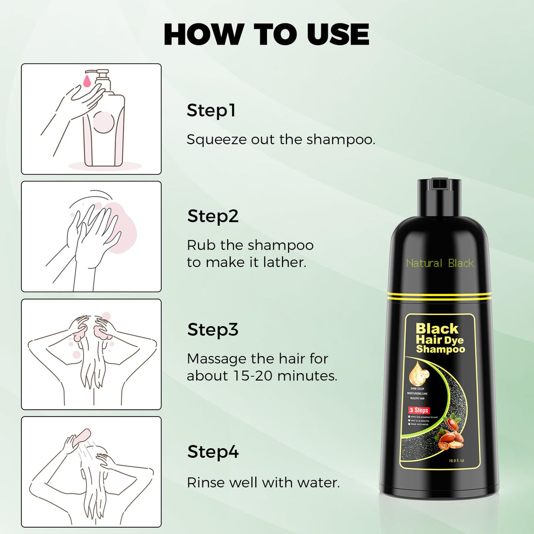 KAISASA Black Hair Dye Shampoo 3 in 1,Argan Natural Herbal Hair Color Shampoo Covers Gray Hair for Women and Men (16.9 fl.oz Black)