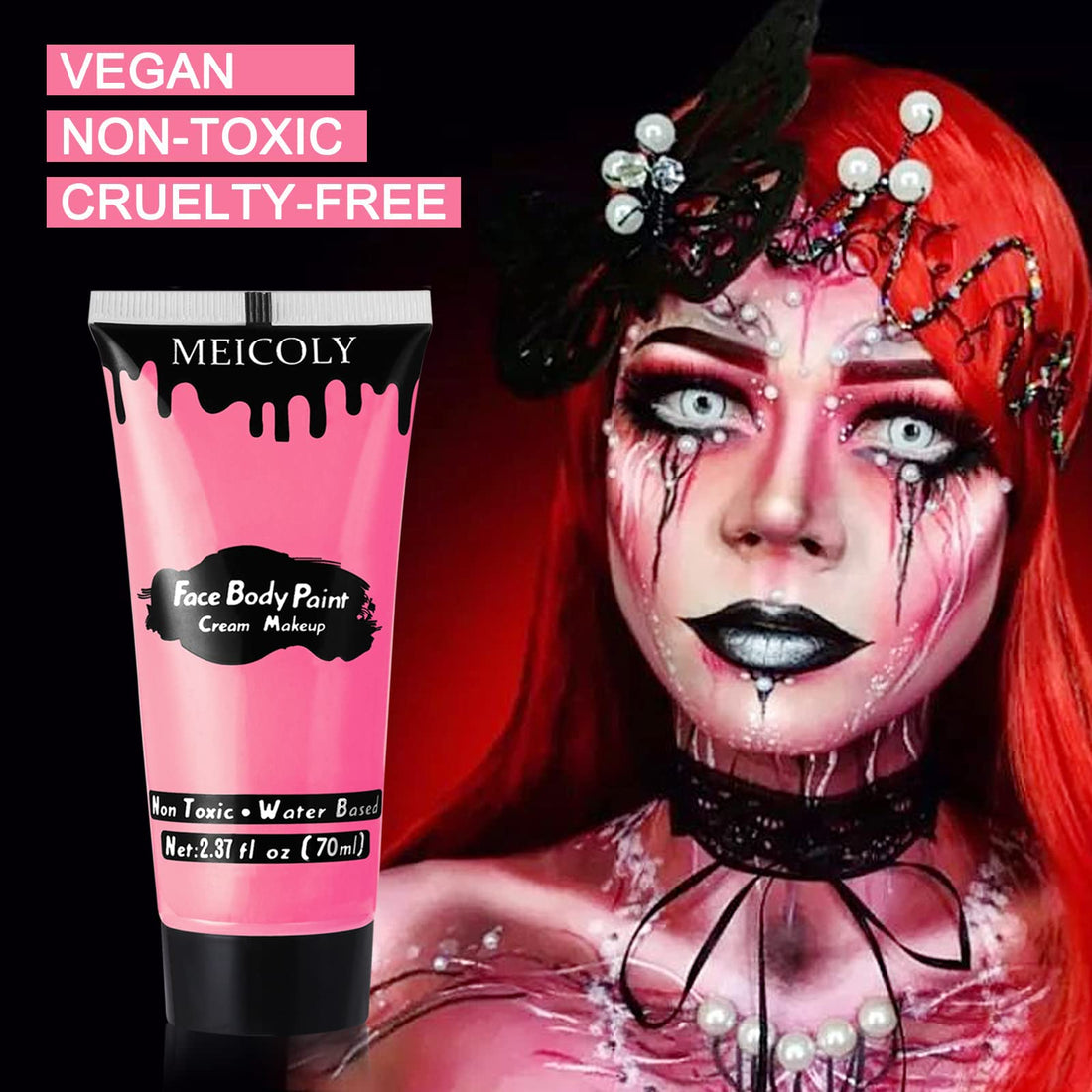 MEICOLY Pink Halloween Face Body Paint, 2.37Oz Large Tube Water Based Non-Toxic Body Paint for Adult Children,Highly Pigmented Face Painting for SFX Special Effects Cosplay Makeup