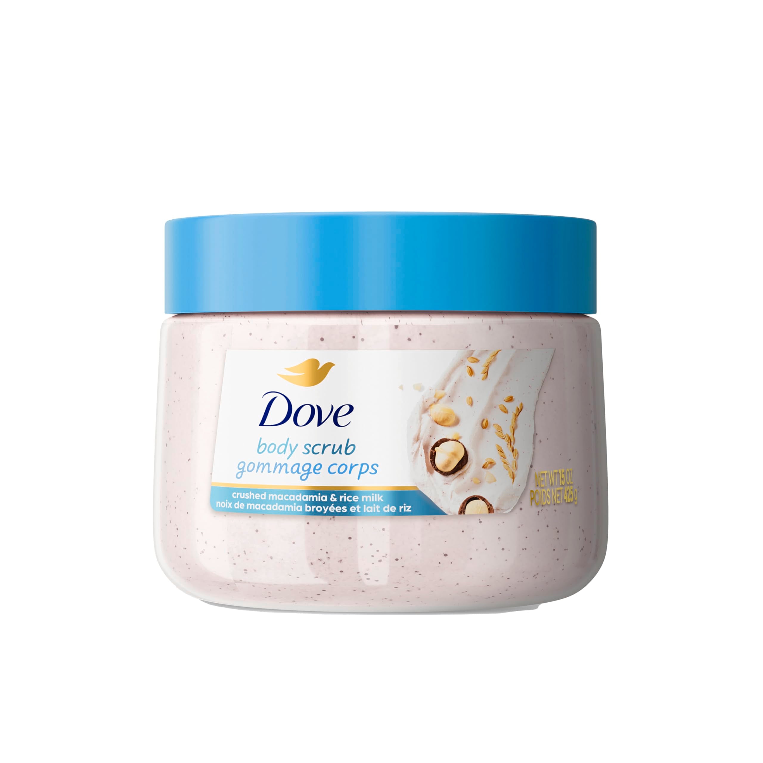 Dove Macadamia & Rice Milk Body Scrub Exfoliates and Deeply Nourishes for Smooth, Radiant Skin 15oz