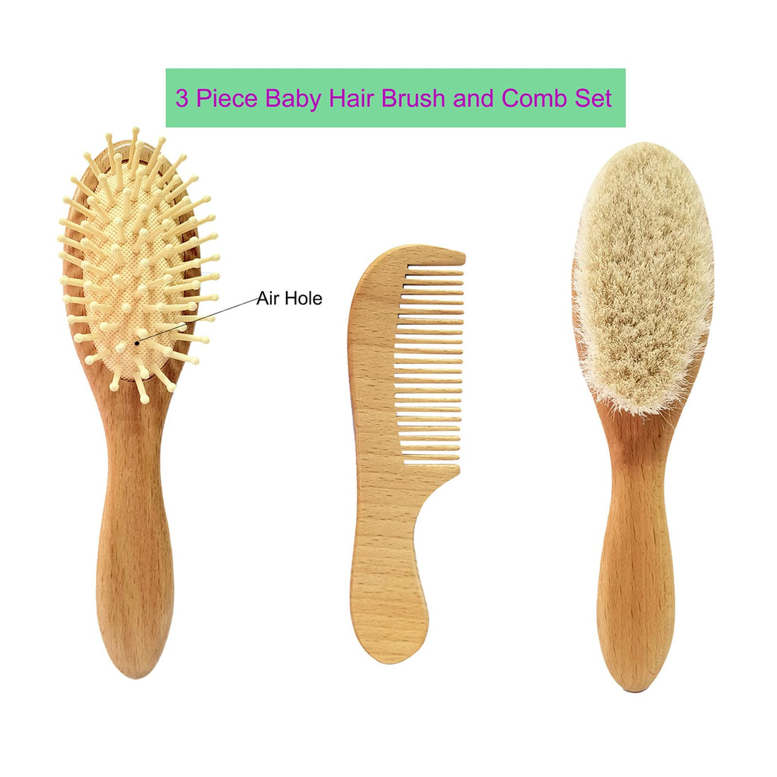 Molylove 3 Piece Baby Hair Brush and Comb Set for Newborn & Toddlers- Natural Wooden Hairbrush with Soft Goat Bristles for Cradle Cap - Perfect Scalp Grooming Product for Infant, Toddler, Kids, Baby