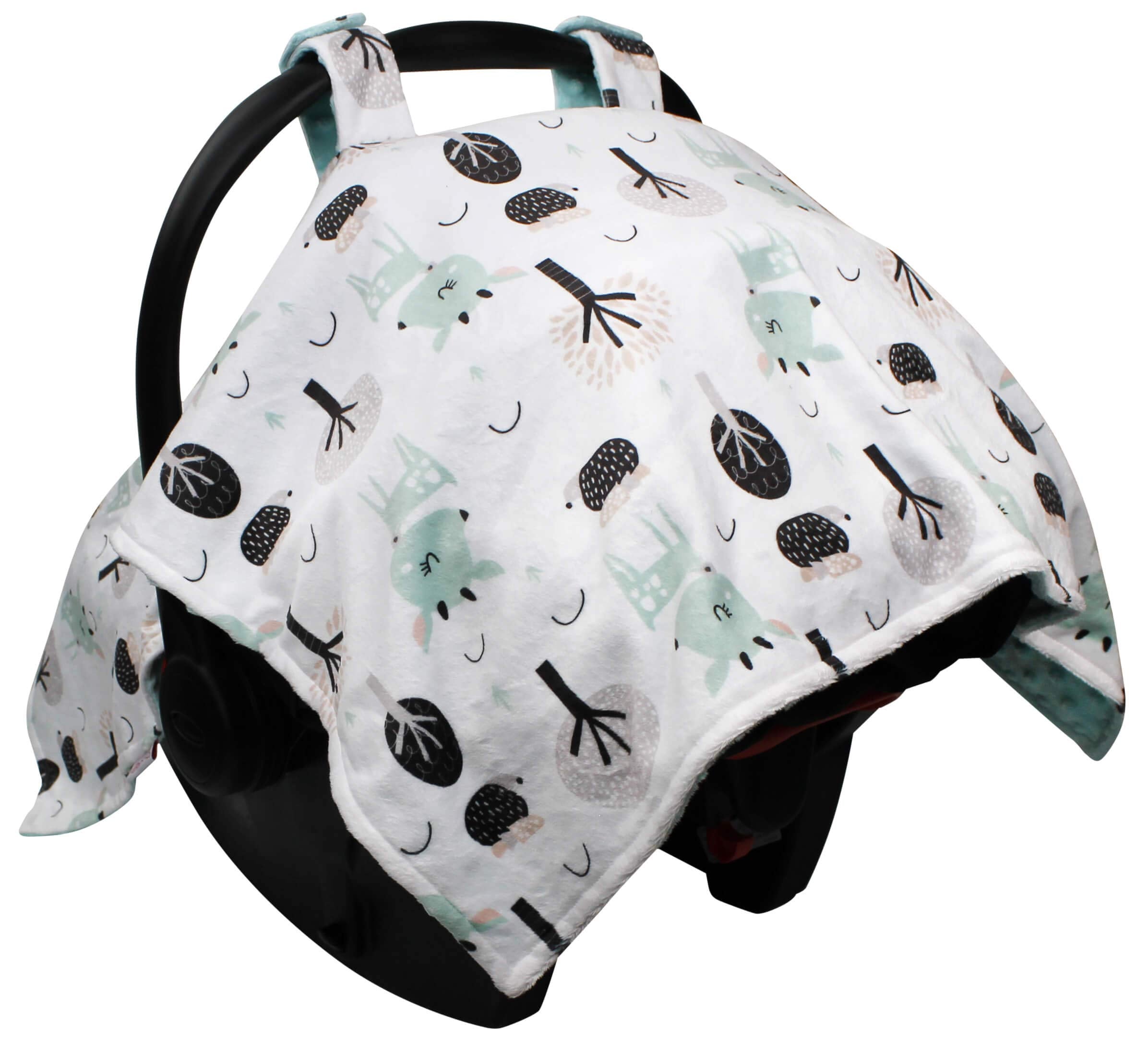 Baby Car Seat Canopy Cover - Seafoam Baby Deer and Trees with Aqua Blue Minky Dot
