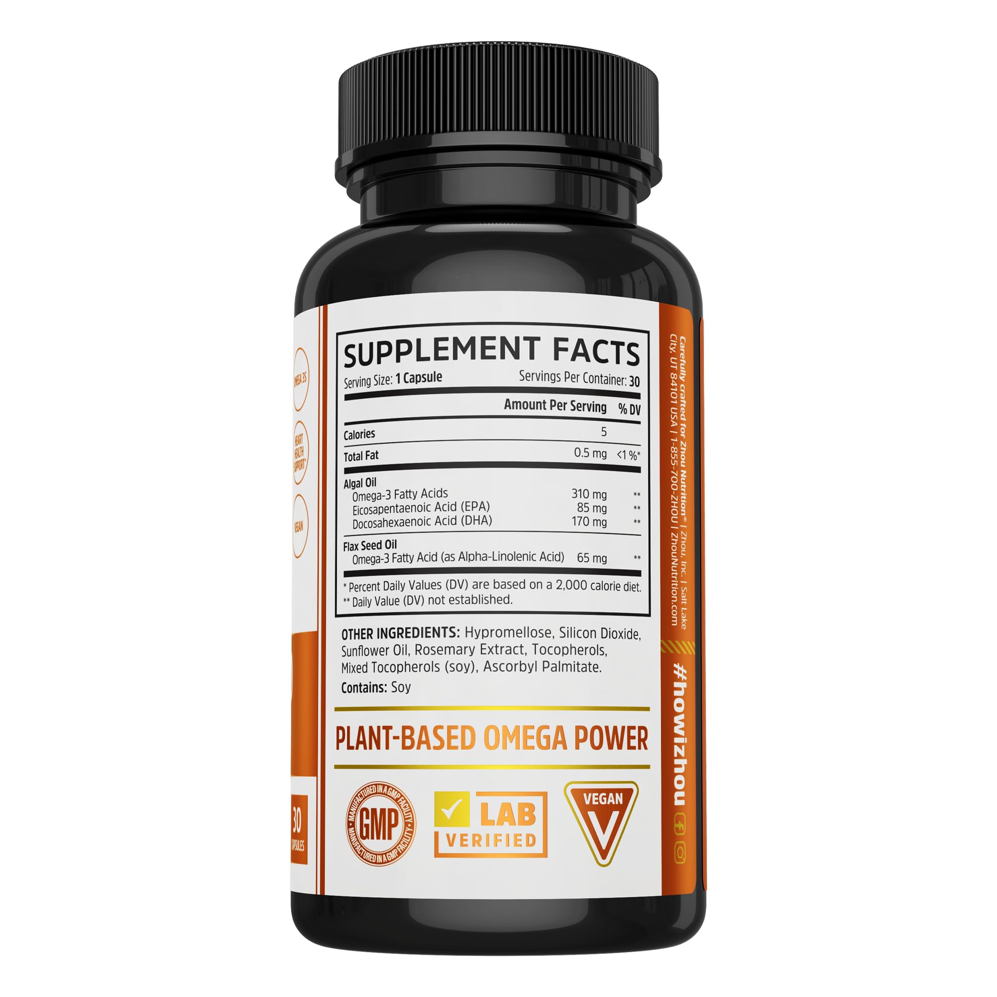 ZHOU Plant-Based Omegas, EPA and DHA Vegan Omega 3 Supplement with Algae and Flaxseed Oil, Heart Health Support, 60-Day Guarantee, 30 Servings, 30 Capsules