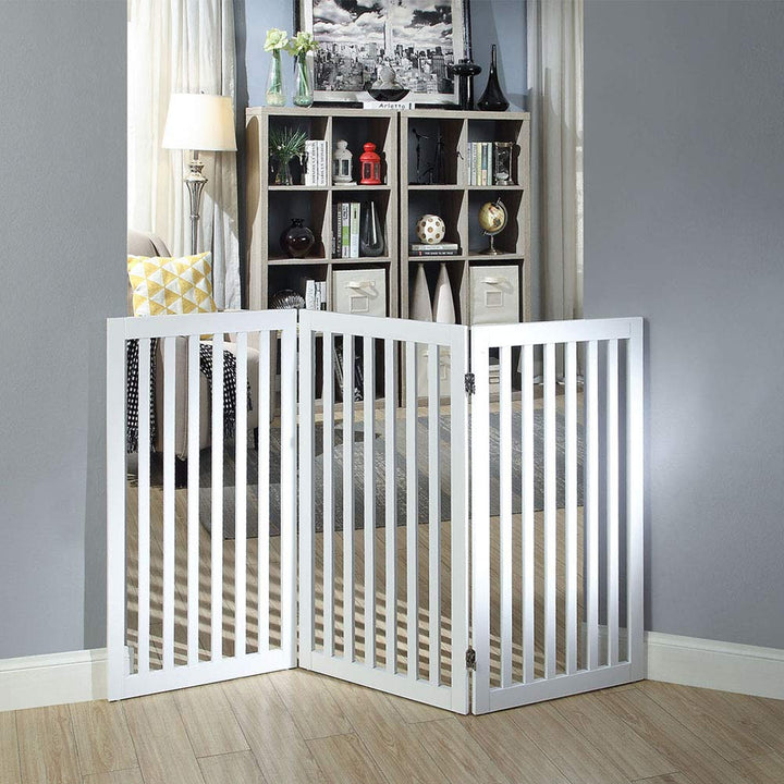 unipaws 36”H Free Standing Pet Gate for Dog Cat, Tall Wooden Dog Gates for Doorway, Stairs, Foldable Pet Fence for The House, Expandable Dog Barrier, Indoor Use, White