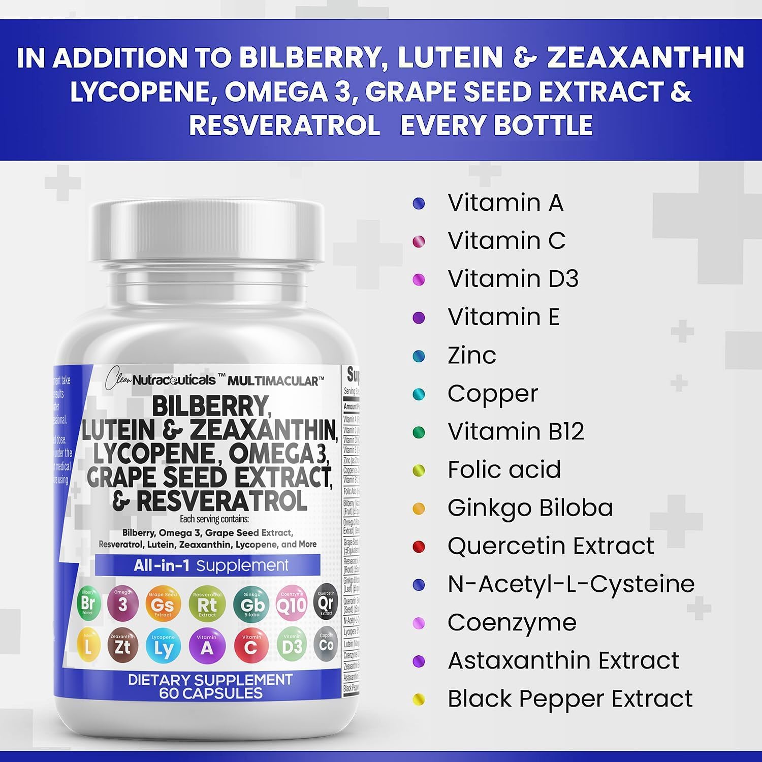 Clean Nutraceuticals Eye Health Vitamins with Bilberry Lutein & Zeaxanthin 40mg Lycopene 40mg Resveratrol Grape Seed Extract Omega 3 Astaxanthin - Eye Vitamin - 60 Capsules