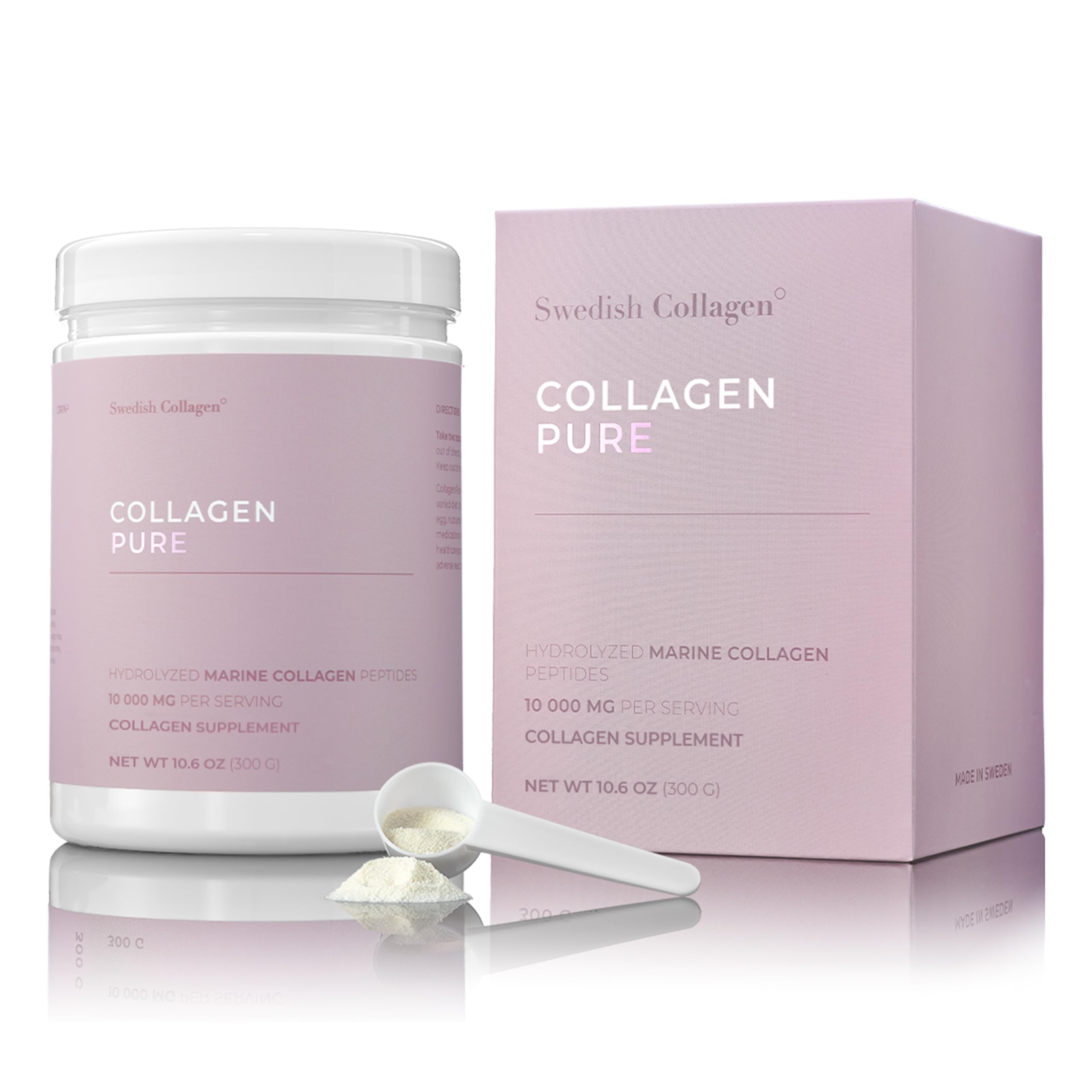 Swedish Collagen - Hydrolyzed Marine Collagen 10,000 mg Powder Supplement - Pack of 300 g, 30 Day Supply | Pure Peptide for Healthy Hair, Skin, Nails & Joints I 100% Natural & Gluten Free | Sugar-Free