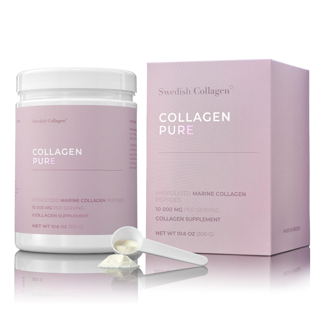 Swedish Collagen - Hydrolyzed Marine Collagen 10,000 mg Powder Supplement - Pack of 300 g, 30 Day Supply | Pure Peptide for Healthy Hair, Skin, Nails & Joints I 100% Natural & Gluten Free | Sugar-Free
