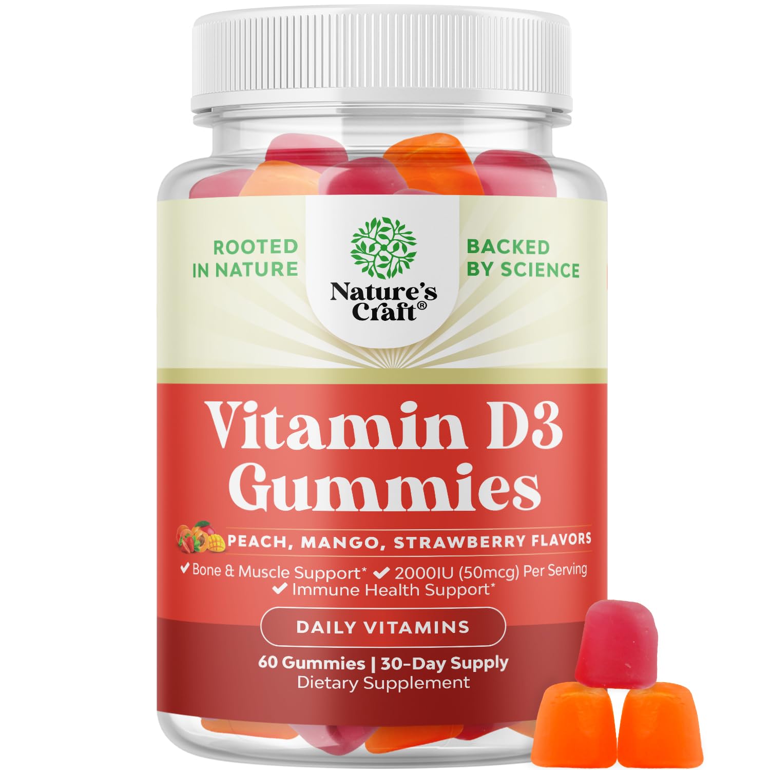 Natures Craft Vitamin D3 Gummies for Daily Wellness - Delicious D Adults with 2000IU per Serving Bone Muscle & Immune Support Non-GMO Gelatin Gluten Free (30 Day Supply)