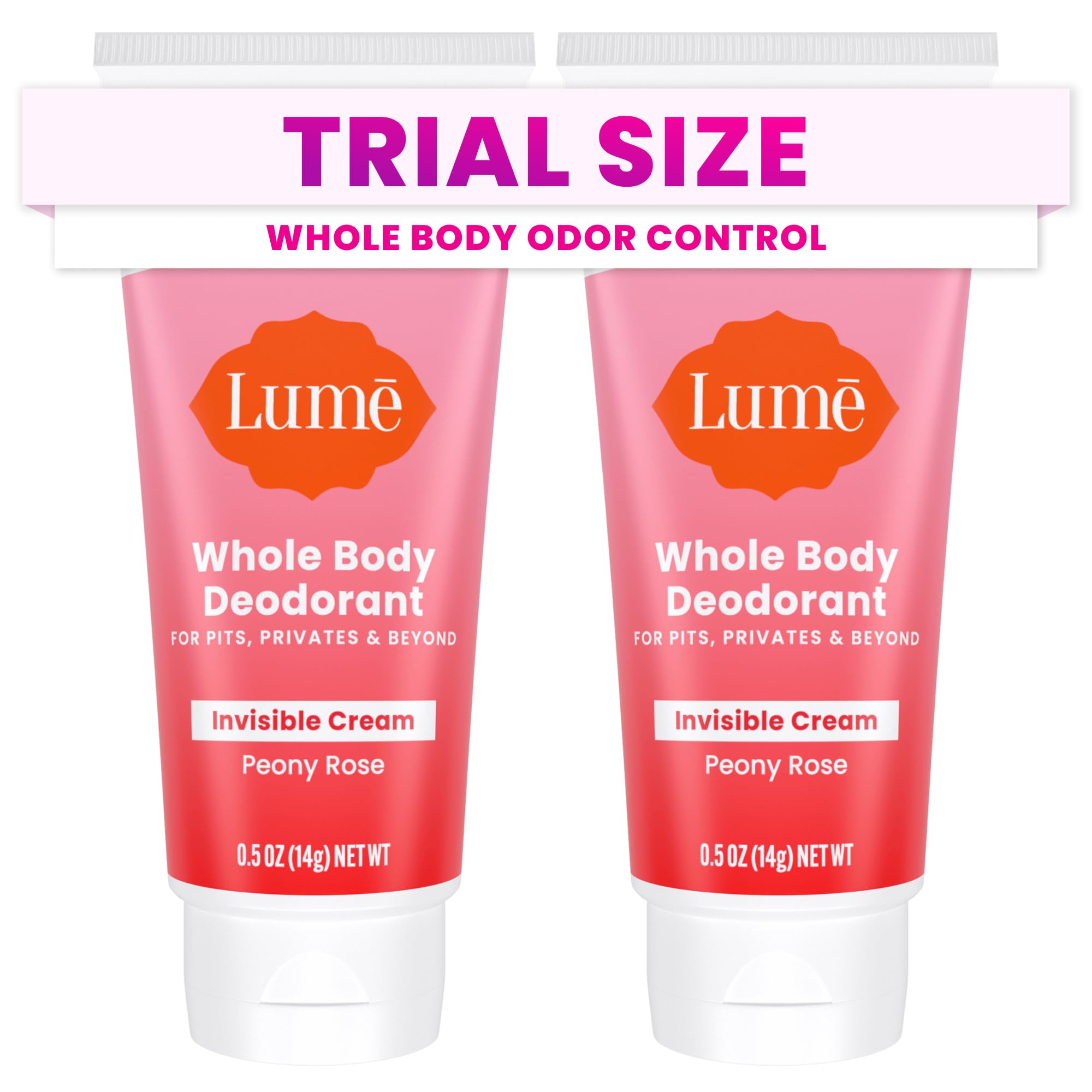 Lume Whole Body Deodorant - Mini Travel Size Invisible Cream Tube - Trial Size -72 Hour Odor Control - Doctor Developed - Aluminum Free, Baking Soda Free - .5oz (Pack of 2) (Peony Rose)