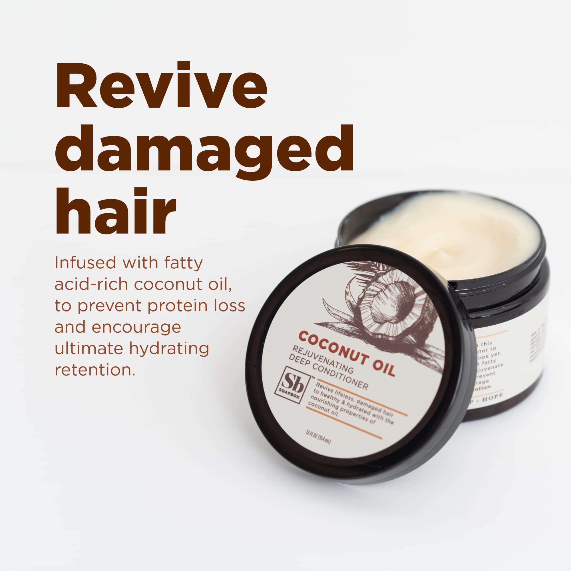 Soapbox Hydrating Coconut Oil Rejuvenationg Deep Conditioner - Treatment for Natural, Curly, Dry or Damaged Hair, Sulfate, Paraben & Cruelty & Silicone Free, Vegan, 12 Fl Oz