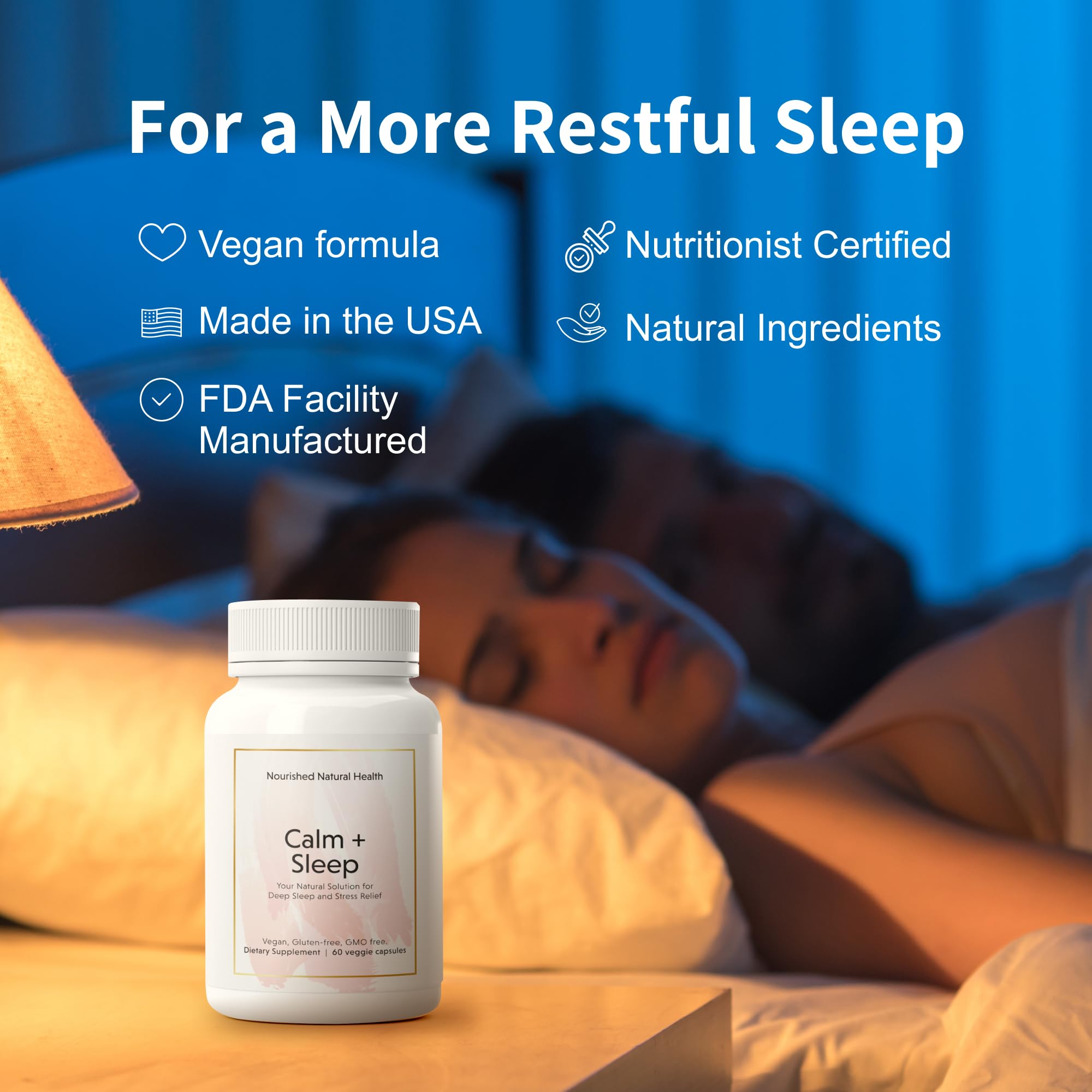 Nourished Naturals - Calm + Sleep Capsules for Deep Sleep & Stress Relief with Ashwagandha, Chamomile, Tart Cherry Extract, Passionflower, L-theanine, & Magnesium Bisglycinate - 180 Capsules