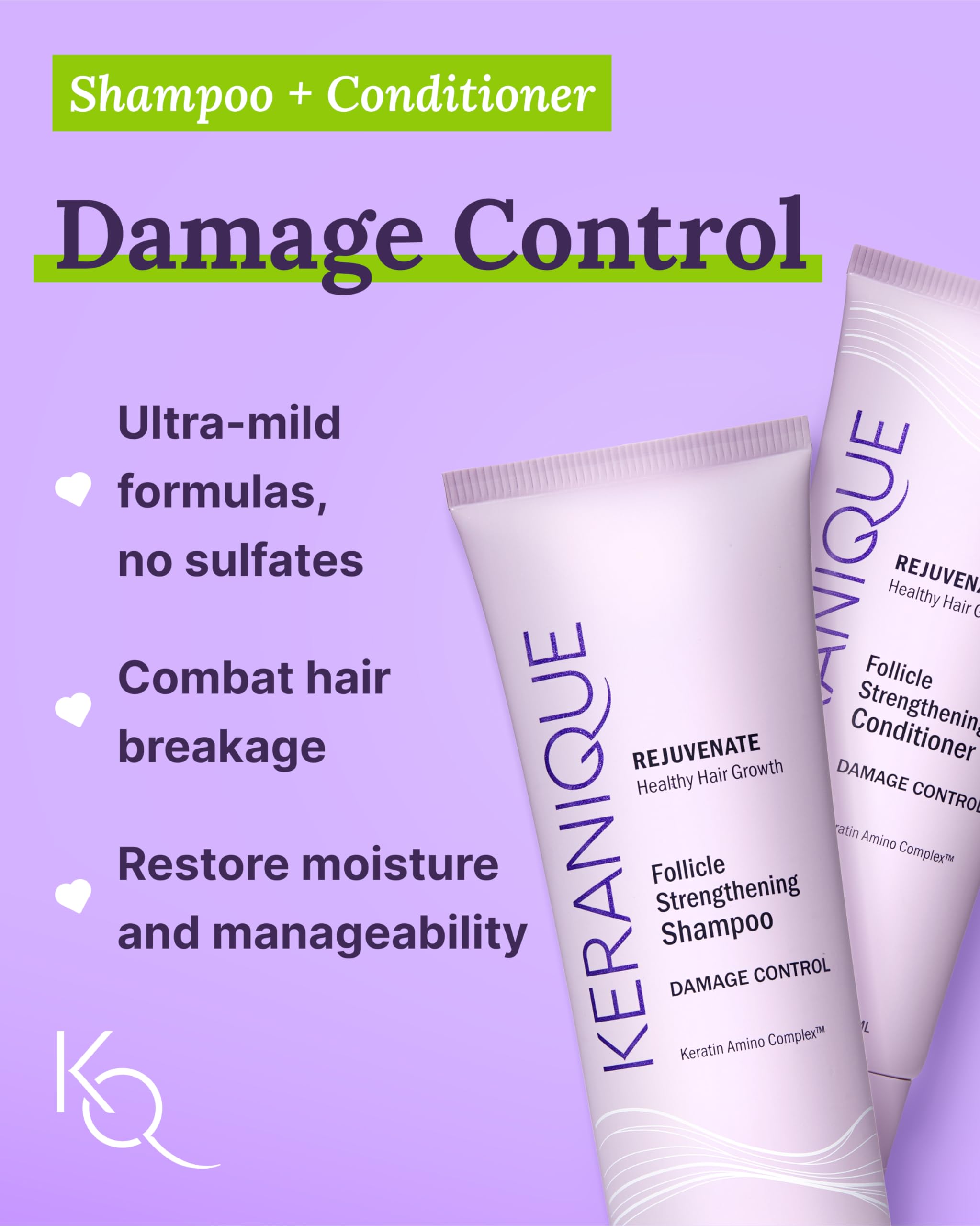 Keranique Damage Control Set for Thinning Hair - Shampoo & Conditioner for Damaged Hair, Follicle Booster Serum, Lift & Repair Spray - Keratin Enriched Repair Products for Dry, Thin Hair - Travel Size