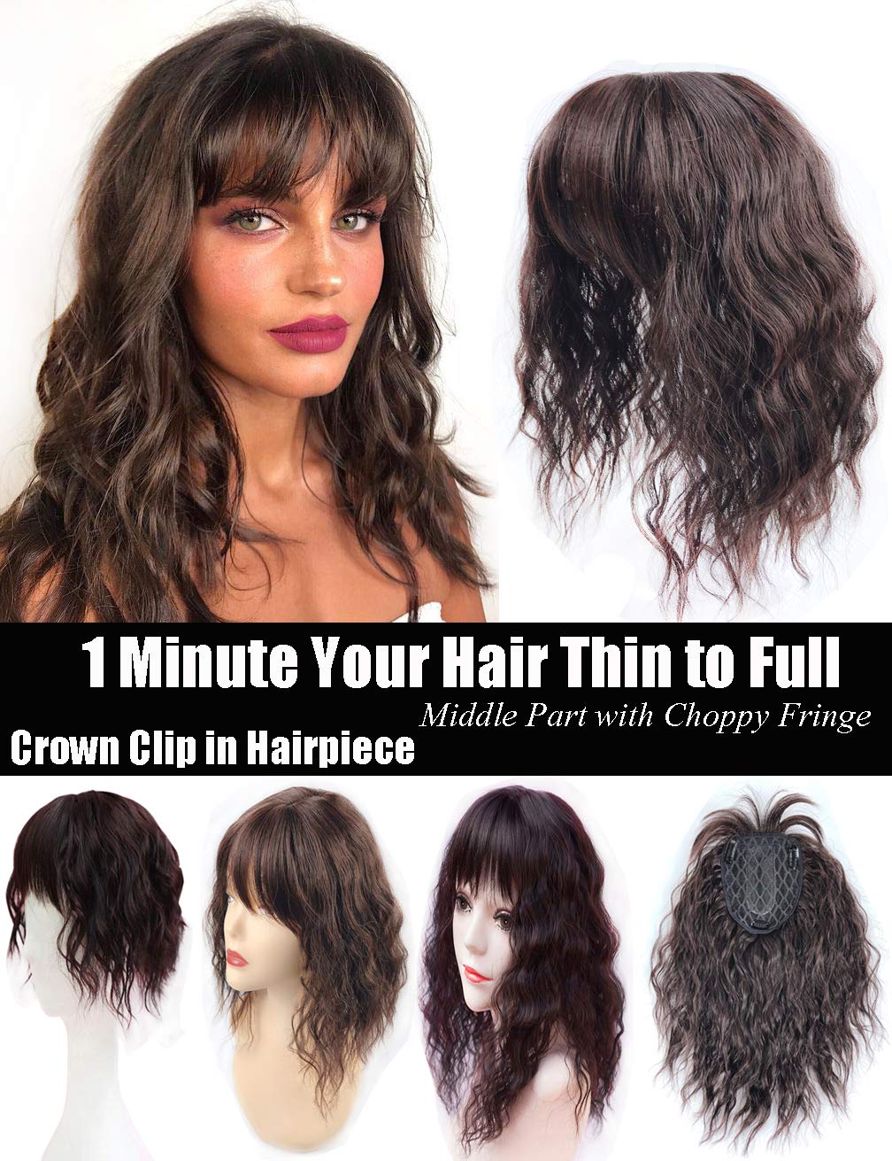 LesafeV Water Wavy Hair Forehead Piece Clip in Middle Part Topper with Choppy Fringe Thin/35cm, Dark Brown