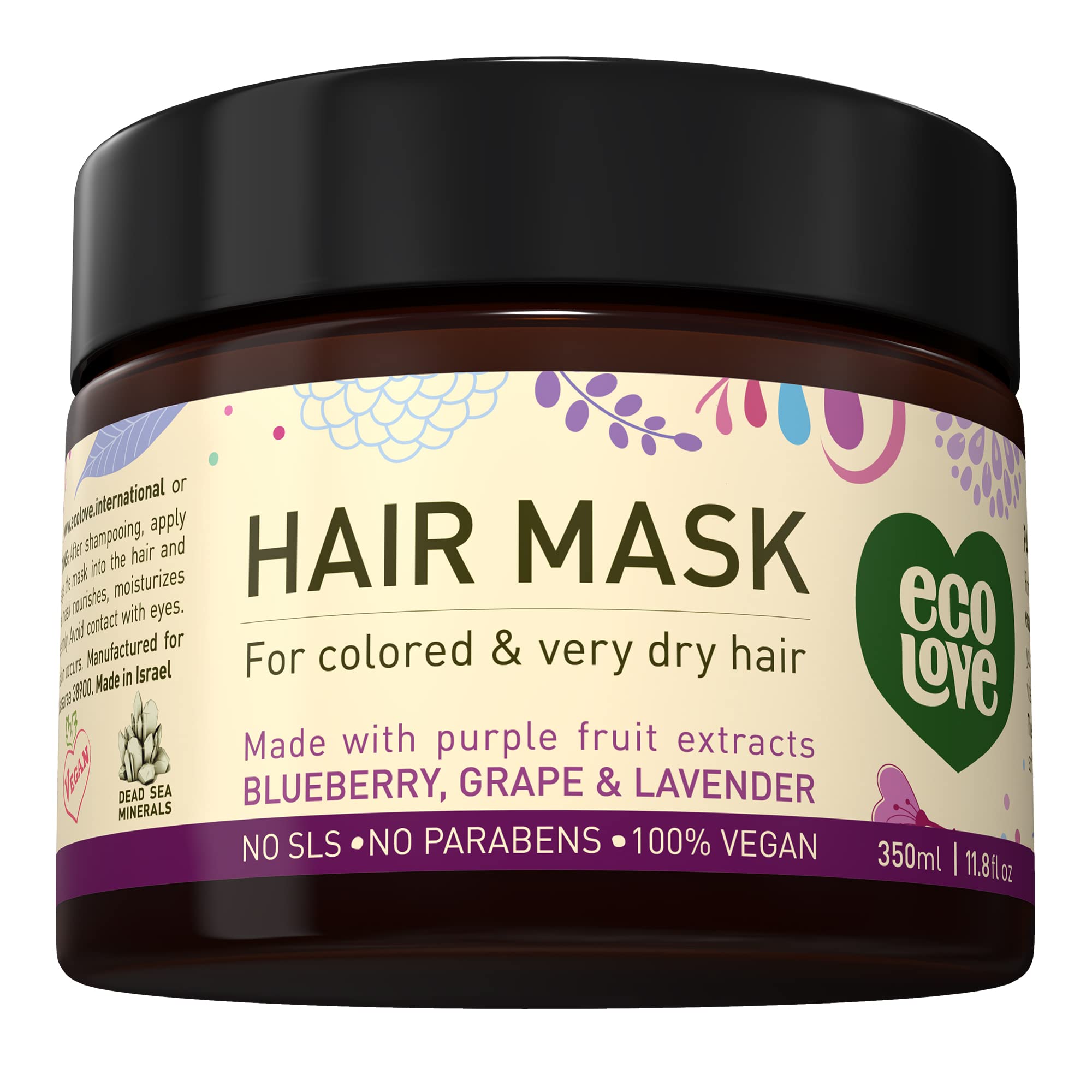 ecoLove Purple Collection Hair Mask for colored & very dry hair - Blueberry, Grape & Lavender. 100% VEGAN (11.8 Oz)
