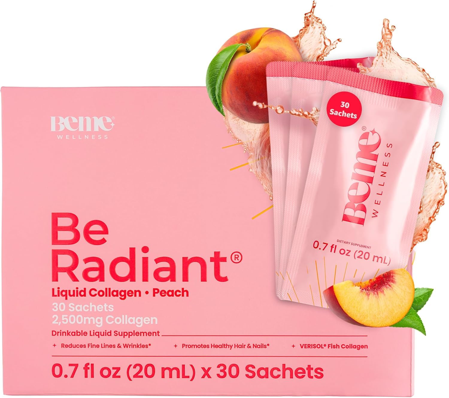 BeMe Liquid Collagen Drink, Be Radiant (Peach) - Liquid Collagen for Women & Men - Drinkable Supplement with Collagen Peptides, Biotin, & Vitamin C Supports Hair, Nail, & Skin Health - 30 Sachets