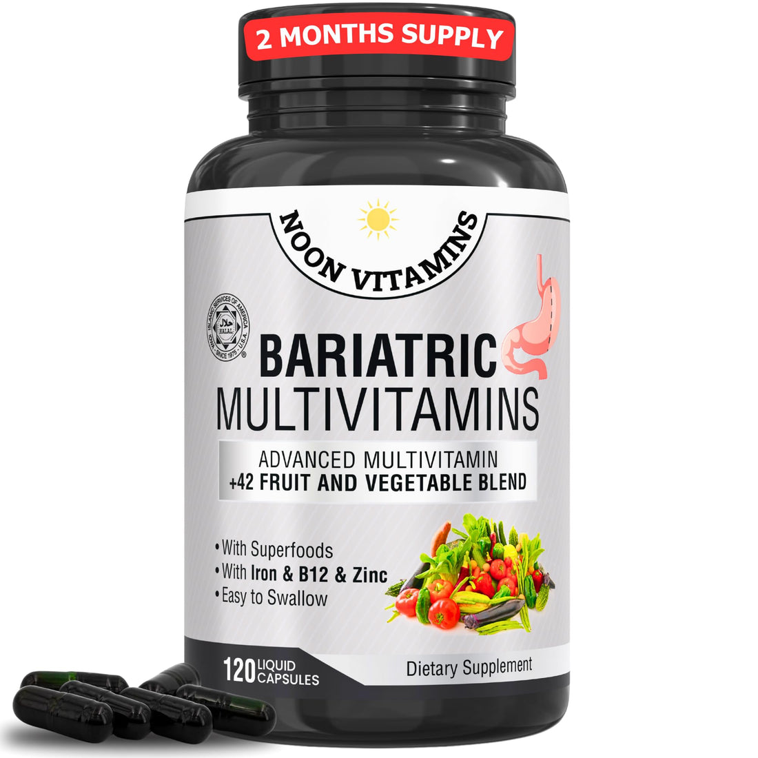 Bariatric Multivitamin with Iron for Women & Men All-in-One 42 Superfood Blend for Post-Surgery Easy-to-Swallow -2-Month Supply (- Superfood Blend for Energy, Halal - Made in USA (120 Capsules)