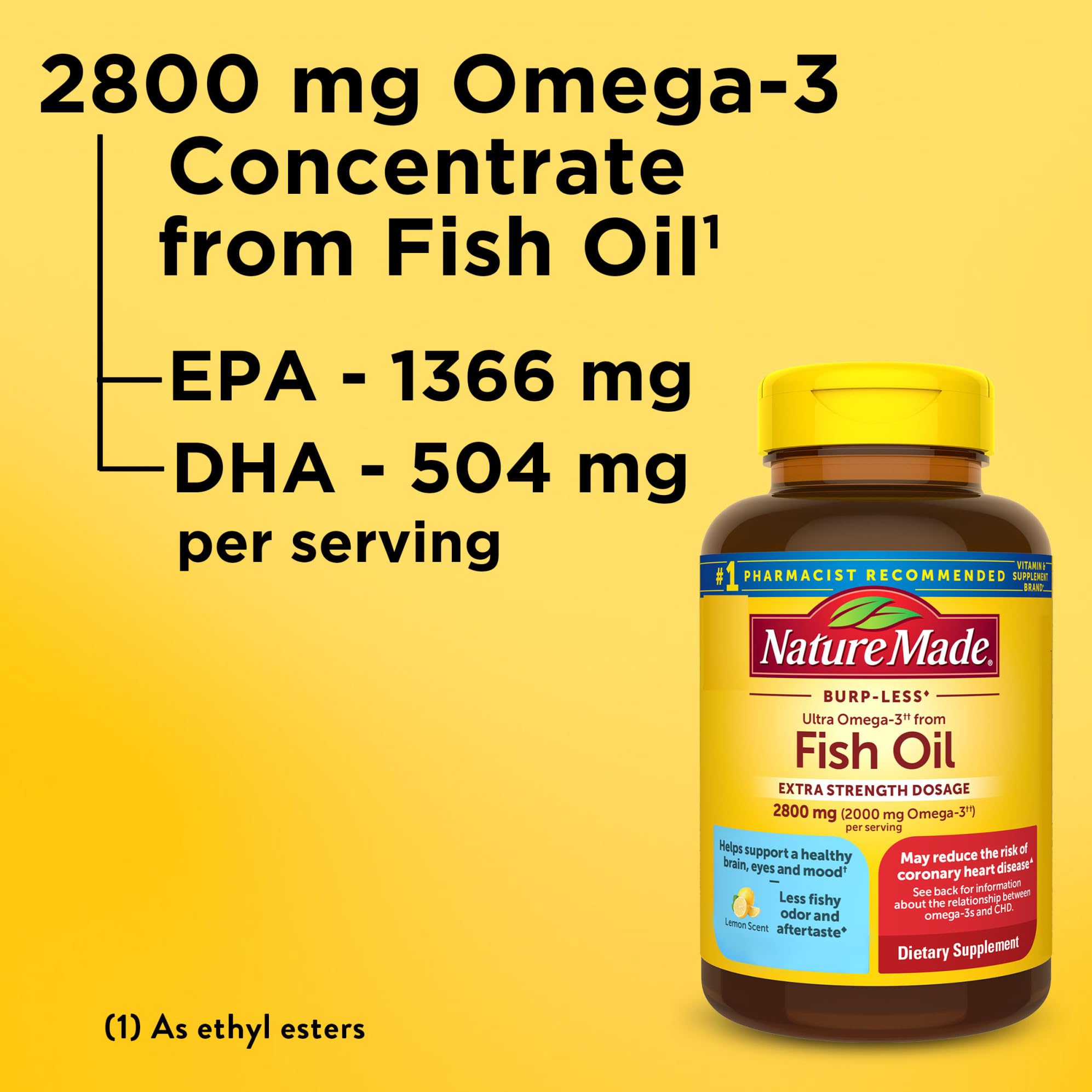Nature Made Extra Strength Omega 3 Fish Oil 2800 mg per serving, Fish Oil Supplements as Ethyl Esters, Omega 3 Supplement for Healthy Heart, Brain, Eyes, and Mood Support, 60 Softgels, 30 Day Supply