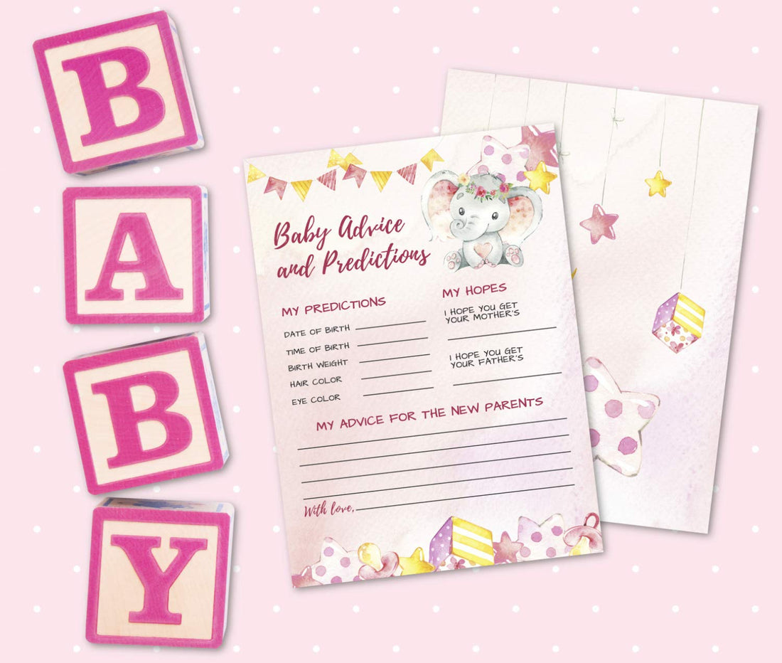 50 Deluxe Pink Elephant Advice and Predictions Cards- Large Double Sided 5 x 7 Inch for Baby Girl Shower Game, New Parent Message Book, Mom & Dad to Be, Decorations