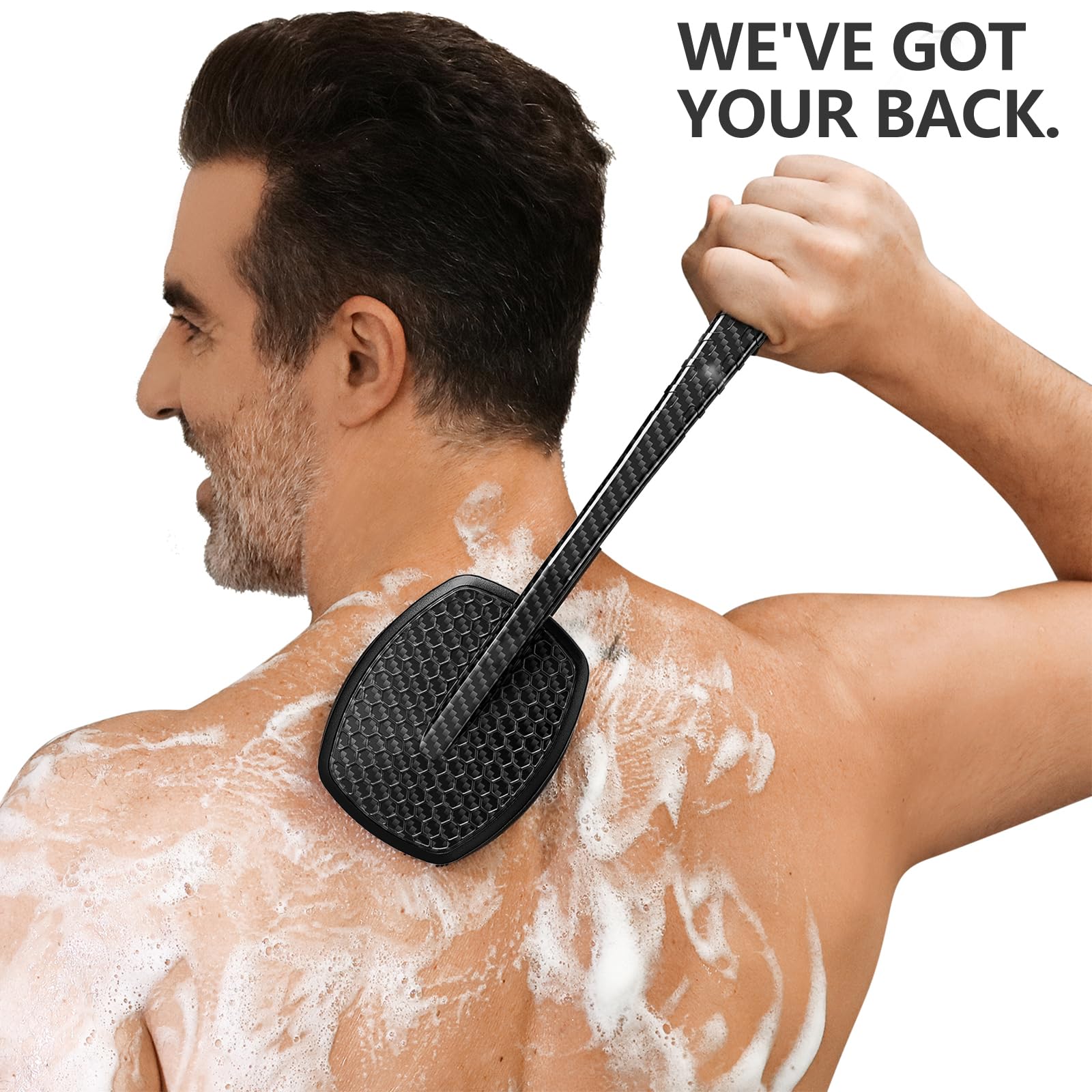 ZEOMLON New Carbon Fiber Silicone Back Scrubber for Shower, Back Shower Brush with Long Handle Back Scrubber for Men and Women
