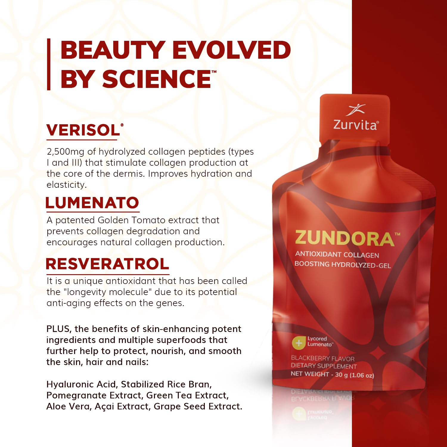 Zurvita - Zundora Collagen - Hydrolyzed-Gel for Healthy Hair, Skin & Nails - Beauty Boost with Verisol - BlackBerry Flavor - Travel Size - 30 Servings